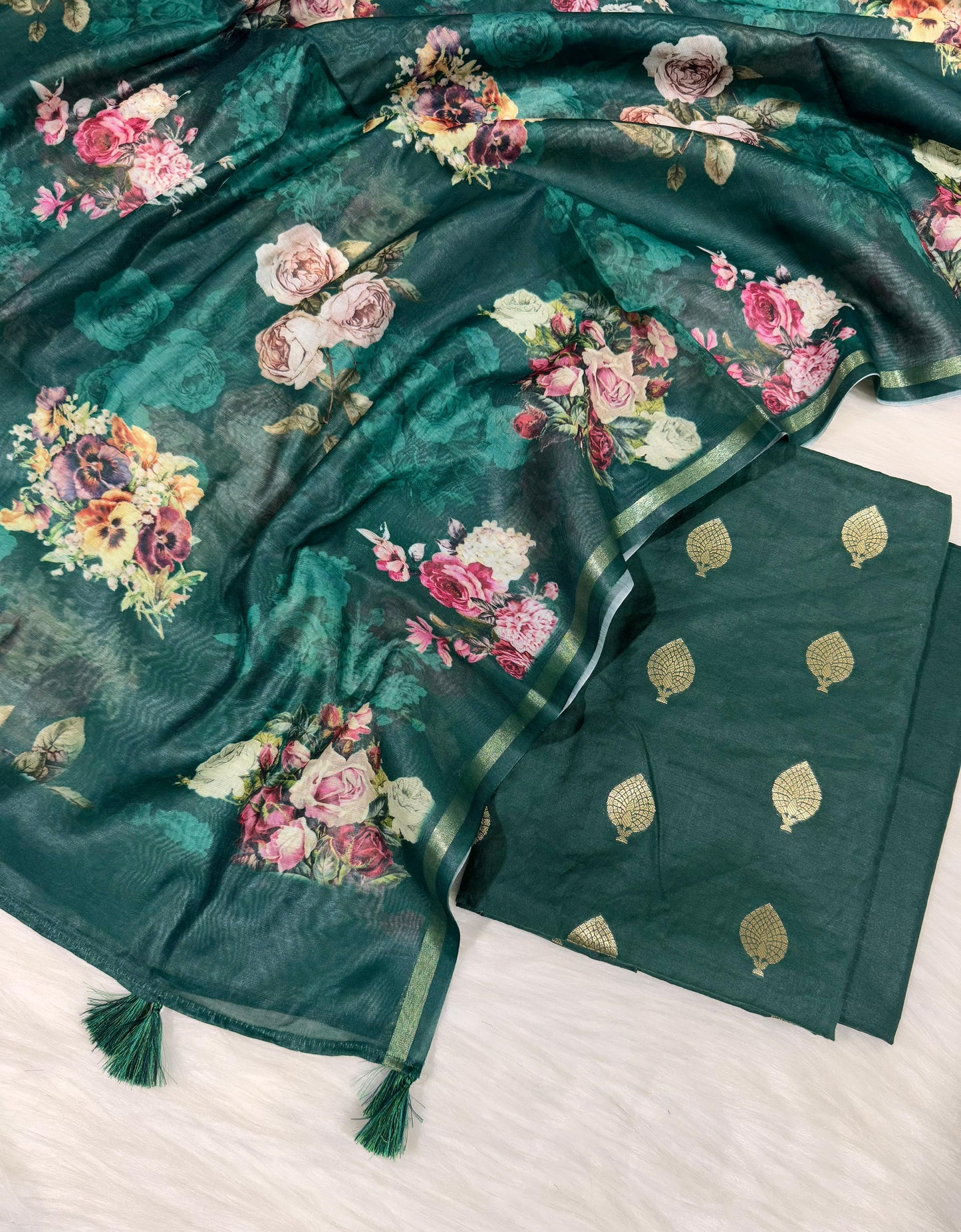 Dark Green Pure Mercerise Floral Zari Booti Banarasi Suit with Digital Print Dupatta 1000SKL_MSD2