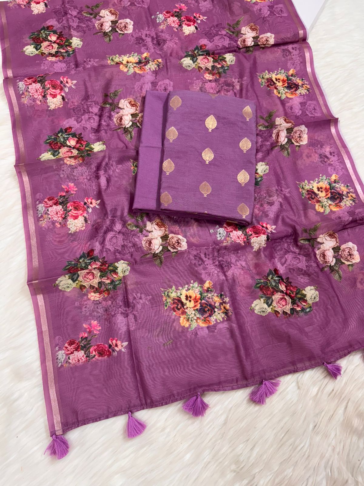 Light Purple Pure Mercerise Floral Zari Booti Banarasi Suit with Digital Print Dupatta 1000SKL_MSD5