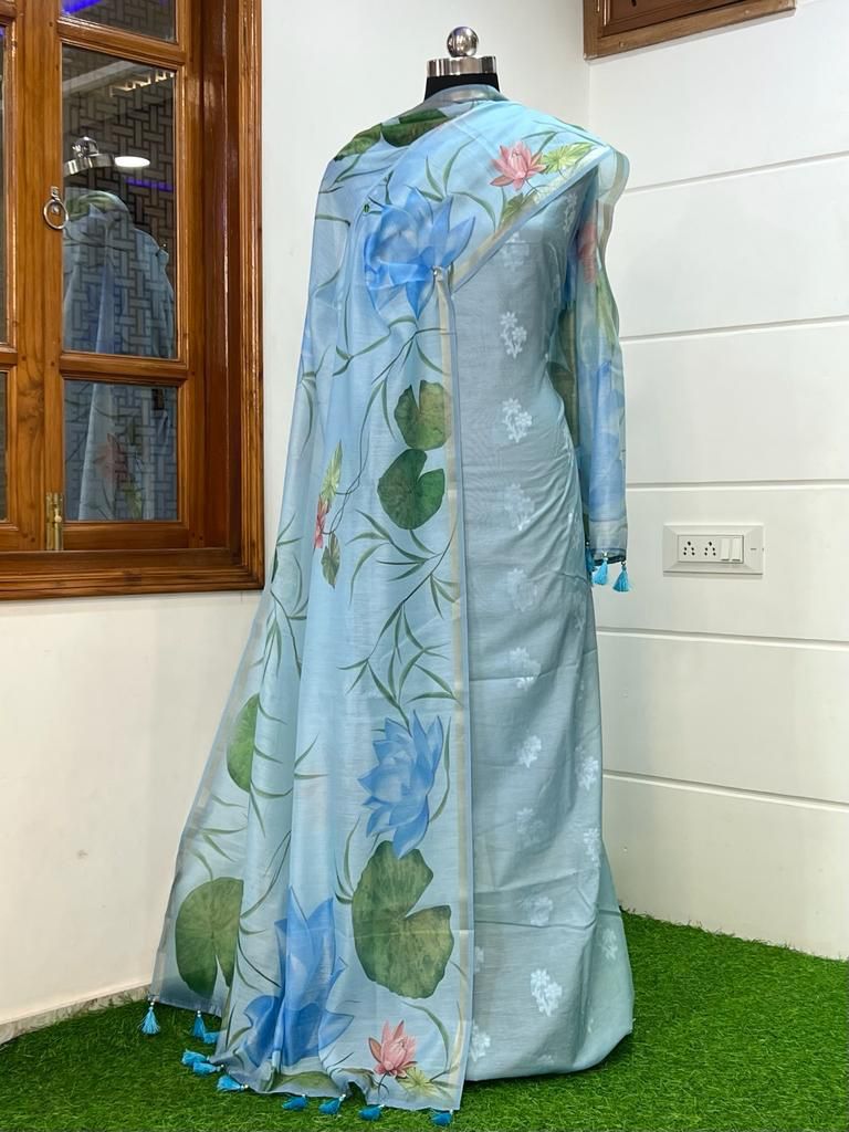 Sky Blue Pure Mercerise Resham Zari Booti with Chanderi Silk Print Dupatta Banarasi 3 pcs Suit Set 1000SKL_PMC6