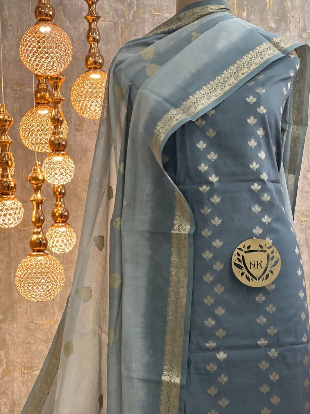 Grey Cotton Silk Banarasi Suit with Silver Zari Booti & Elegant Tassel Dupatta 1050SKL_CSP10