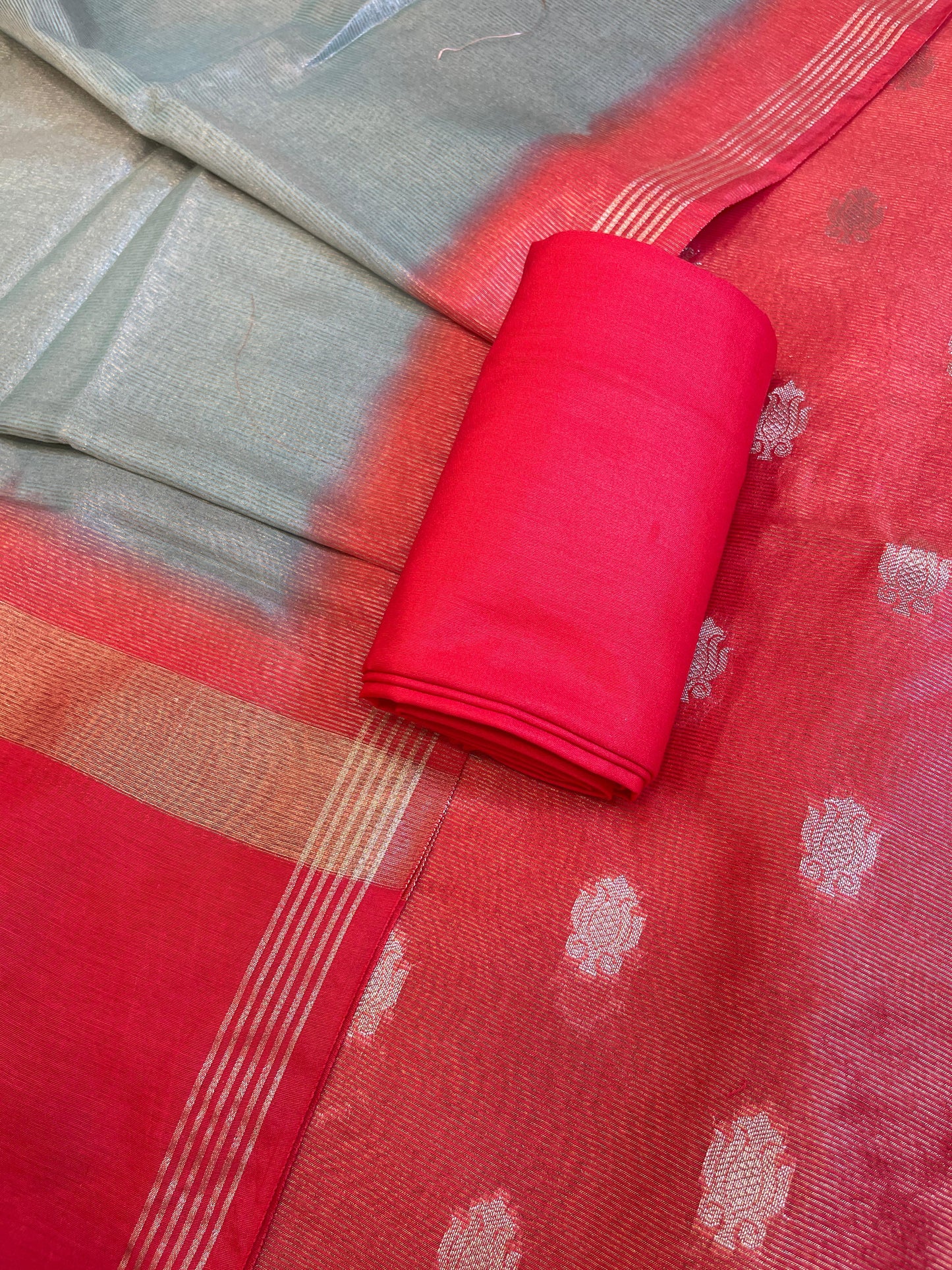 Red Tissue Silk Zari Booti with Contrast Grey Dupatta Banarasi Suit 10SKL_TSUS2