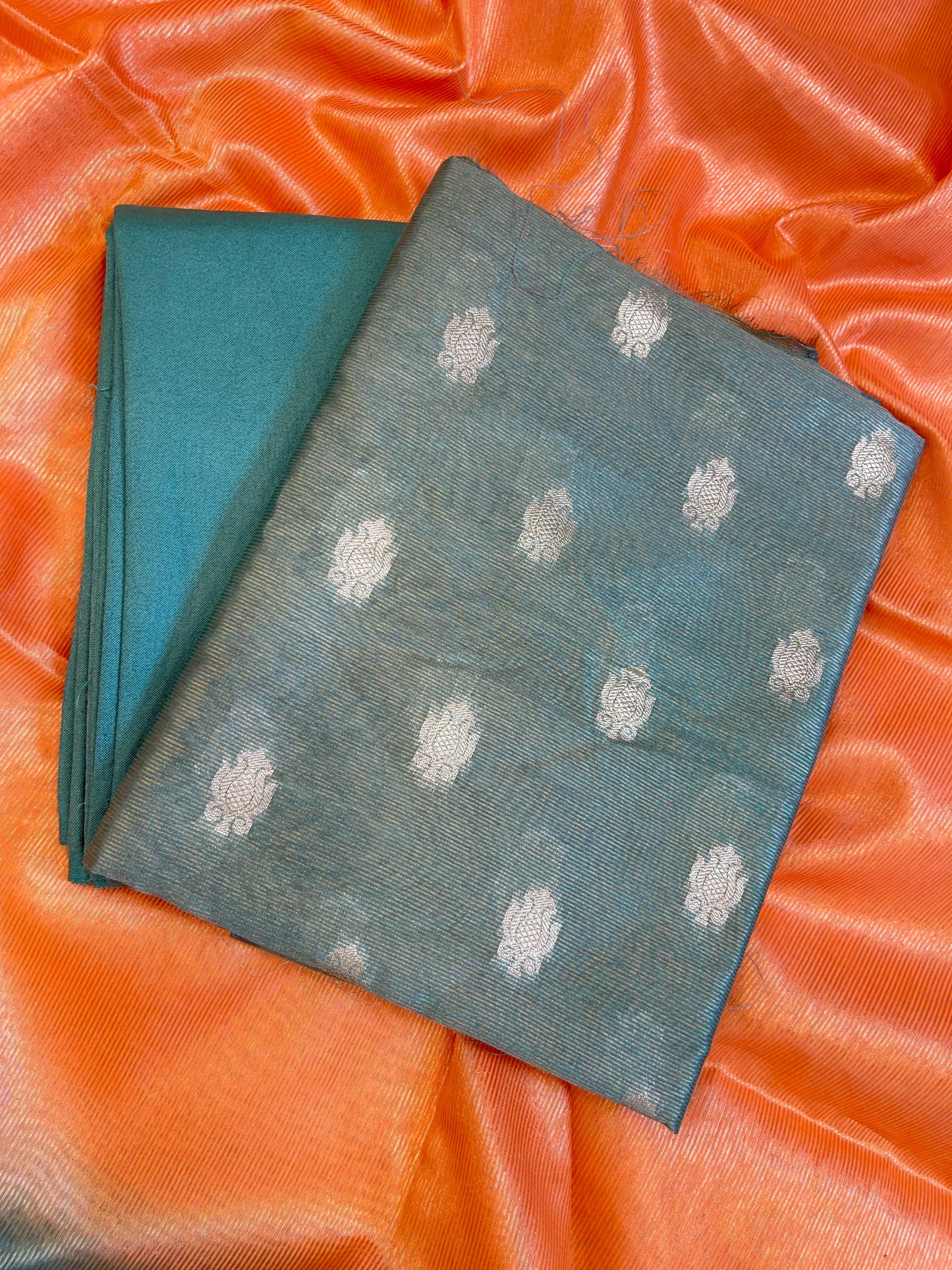 Seagreen Tissue Silk Zari Booti with Contrast Orange Dupatta Banarasi Suit 10SKL_TSUS4