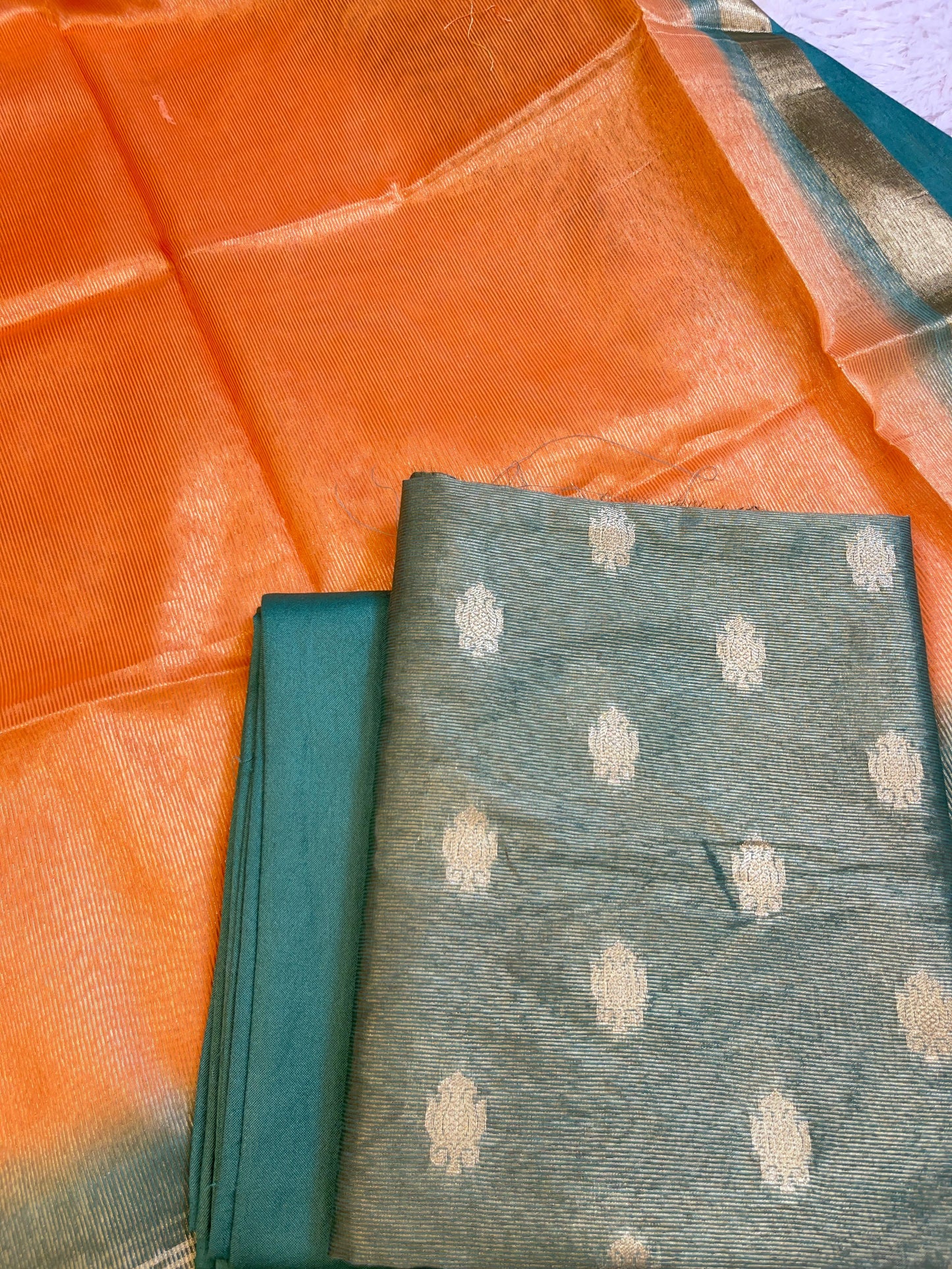 Seagreen Tissue Silk Zari Booti with Contrast Orange Dupatta Banarasi Suit 10SKL_TSUS4