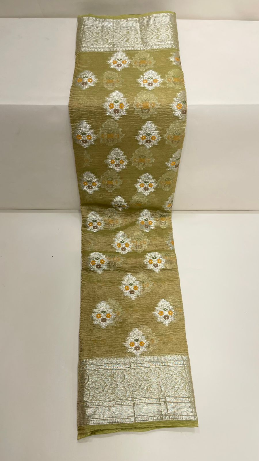 Faishana Elegance: Faishana's Pure Silk Handloom Olive Crush Tissue Zari Minakari Booti with Zari Border and matching Olive Blouse Piece