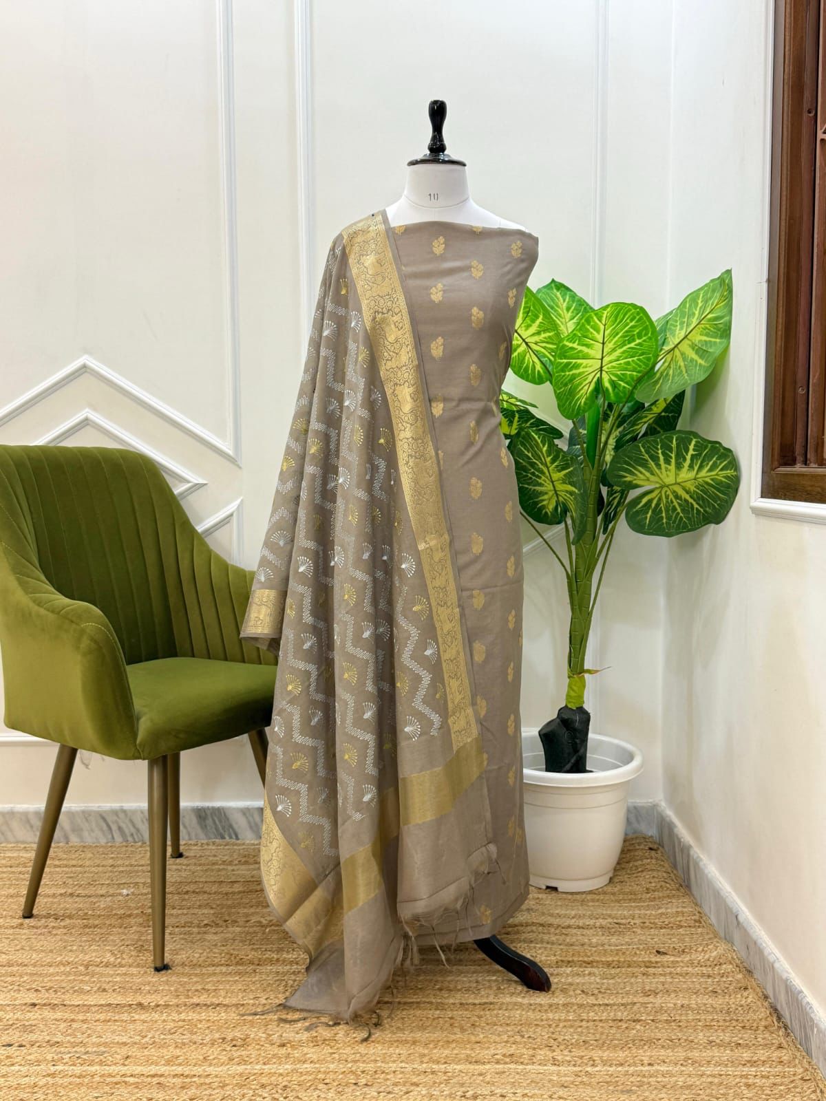 Light Brown Pure Mercerised Zari Booti with Embroidery Dupatta Banarasi Suit Set 1100SKL_PME1