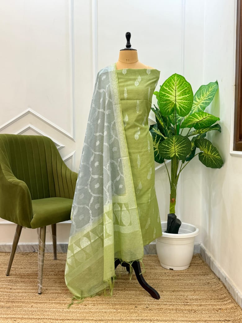 Elegant Linen Dupion Resham Booti Banarasi Suit with Contrast Jaal Dupatta – Pastel Green & Grey 1100SKL_LDB1