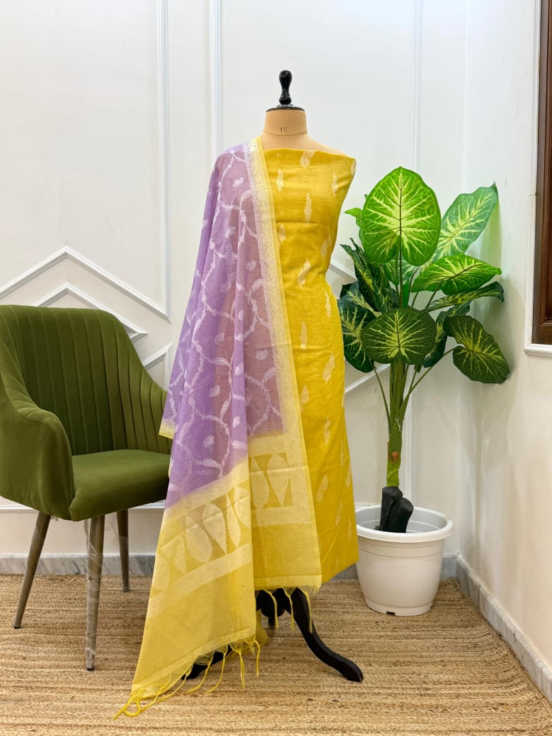 Elegant Linen Dupion Resham Booti Banarasi Suit with Contrast Jaal Dupatta – Yellow & Purple 1100SKL_LDB5