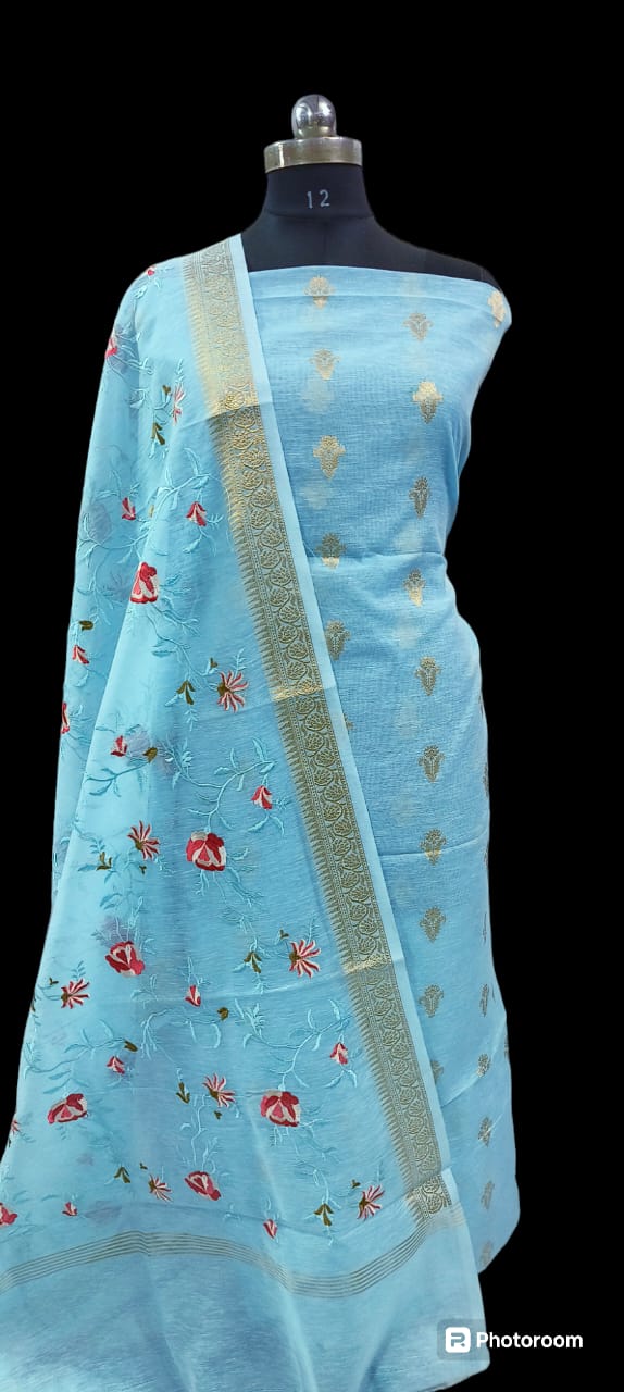 Sky Blue Linen Silk Floral Zari Booti with Embroidery Jaal Dupatta Banarasi Suit 1100SKL_LN28