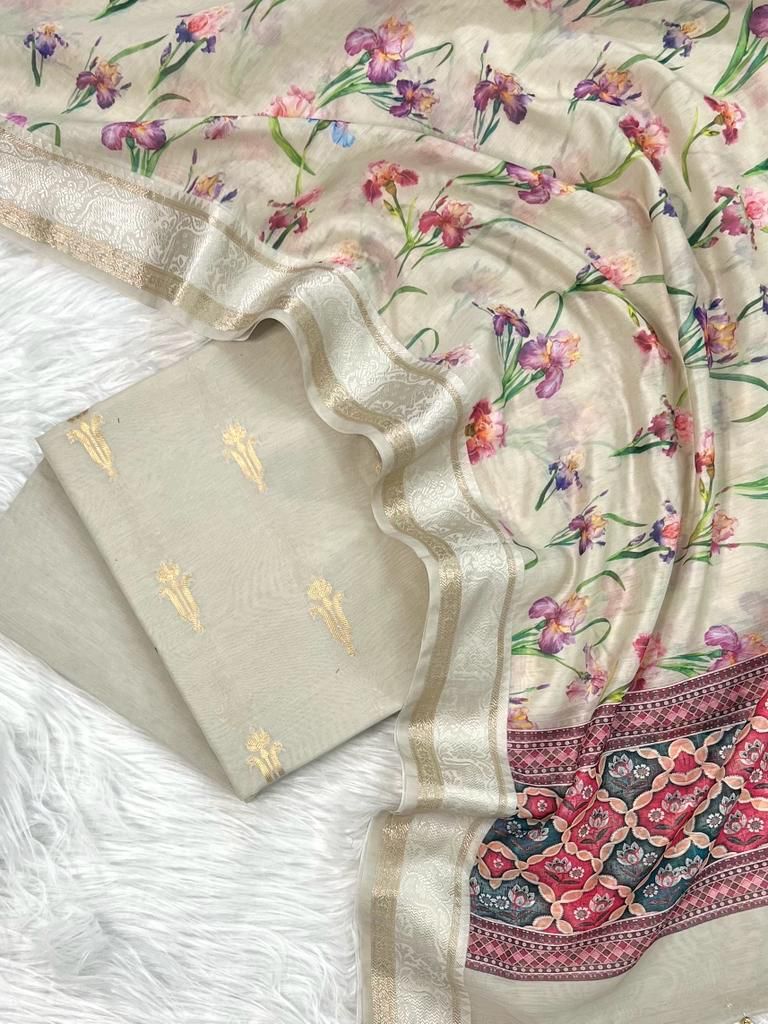 Beige Pure Mercerised Zari Booti with Digital Print Dupatta Banarasi Suit 1100SKL_PMD1
