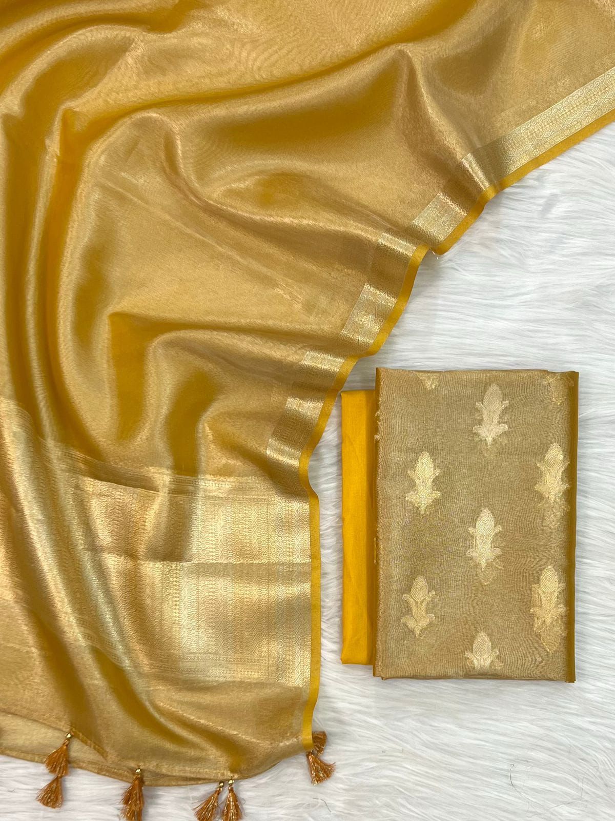 Yellow Tissue Silk Zari Booti With Border Dupatta Banarasi 3 Pcs Suit Set 1100SKL_TSU19