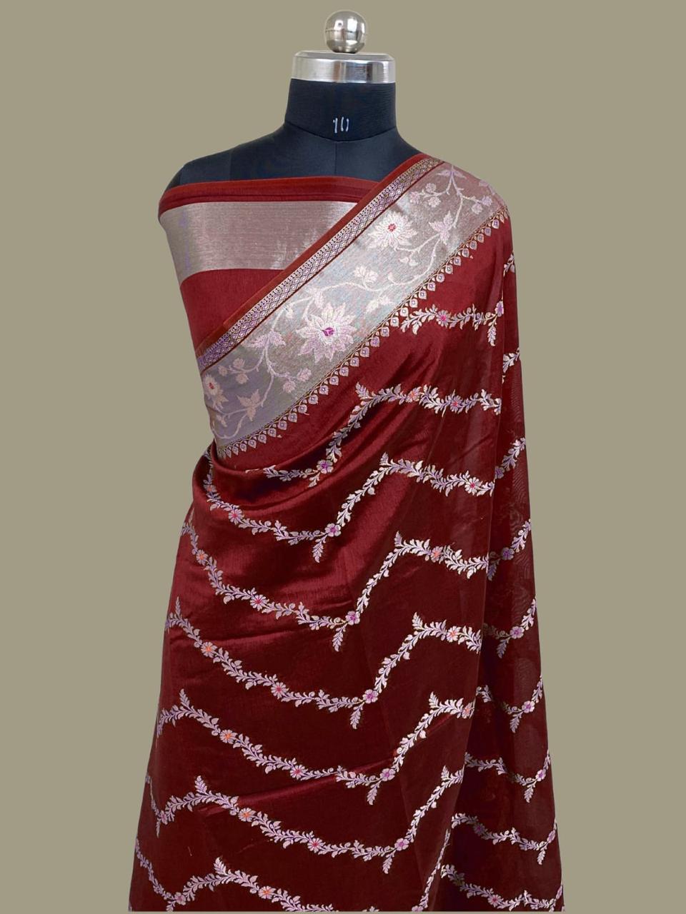 Maroon Semi Chiniya Silk Meenakari Aada Zari Jaal Zari Border Banarasi Saree 115AM_SC3