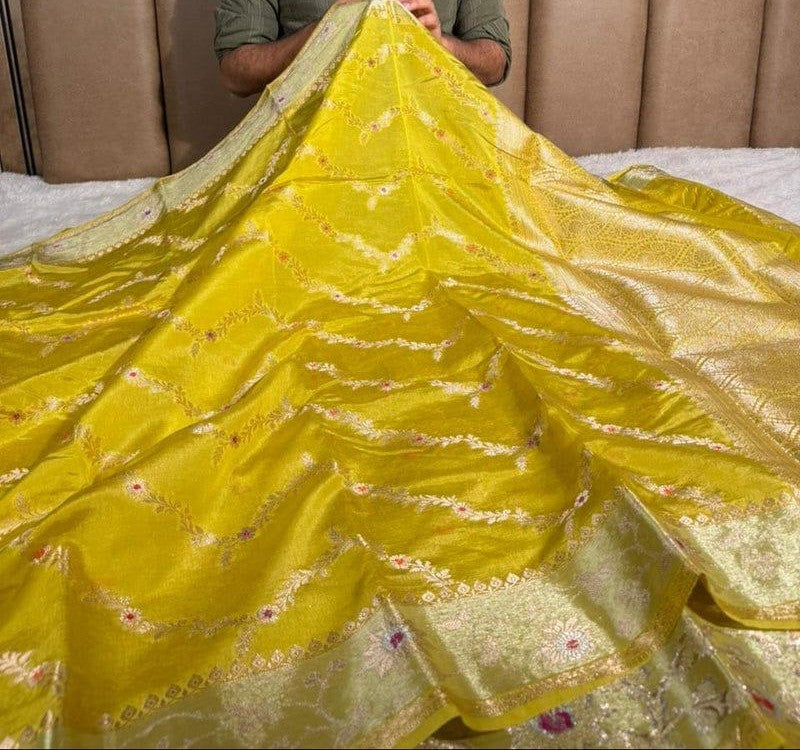 Yellow Semi Chiniya Silk Meenakari Aada Zari Jaal Zari Border Banarasi Saree 115AM_SC6