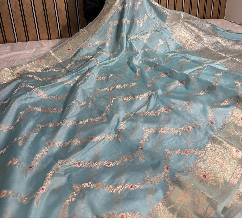 Light Blue Semi Chiniya Silk Meenakari Aada Zari Jaal Zari Border Banarasi Saree 115AM_SC8