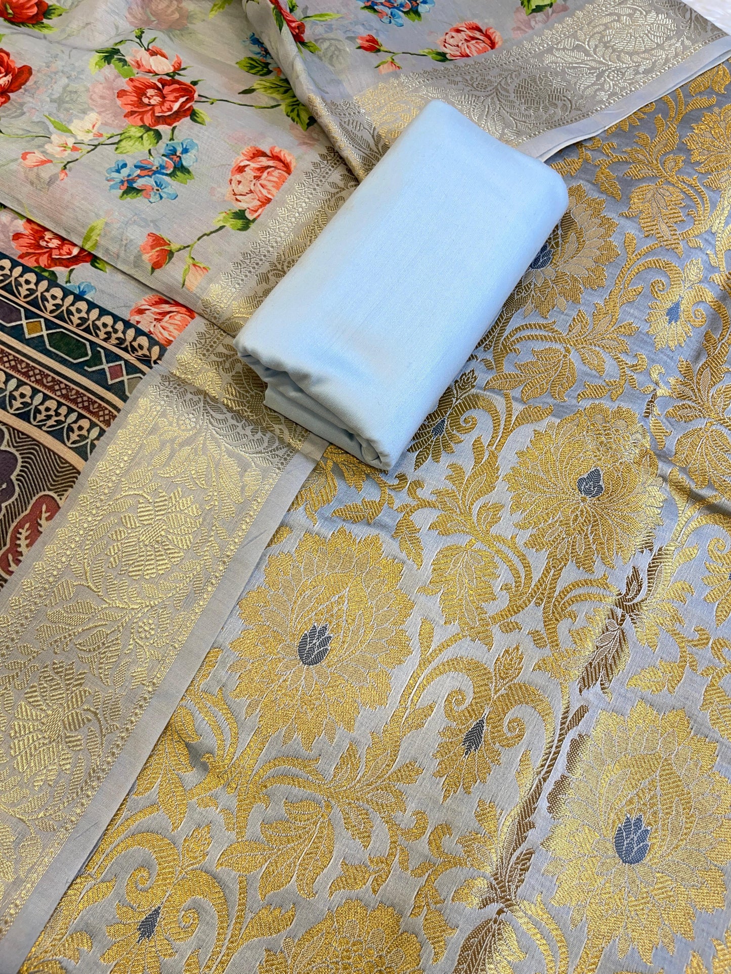 Light Blue Brocade Kimkhab Floral Boota Jaal Banarasi Suit with Digital Print Dupatta 11SKL_BK1