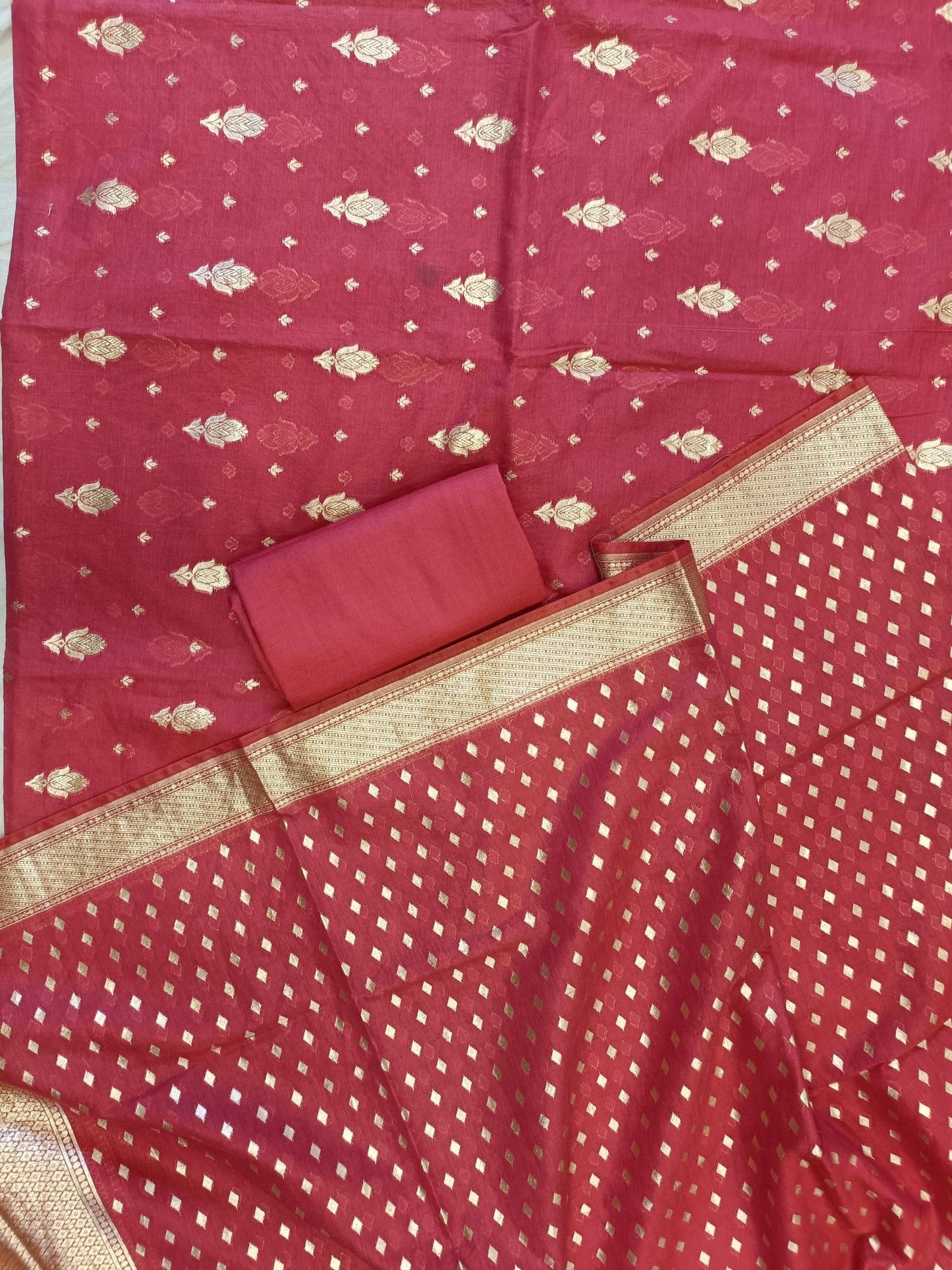 Red Mercerise Silk Floral Zari Booti with Chunri Booti Dupatta Banarasi Suit 11SKL_CMS2
