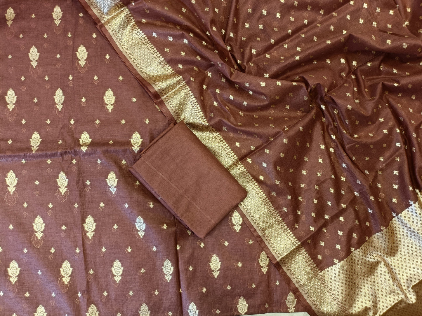 Brown Mercerise Silk Floral Zari Booti with Chunri Booti Dupatta Banarasi Suit 11SKL_CMS4