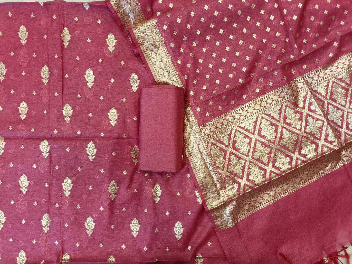Pink Mercerise Silk Floral Zari Booti with Chunri Booti Dupatta Banarasi Suit 11SKL_CMS5