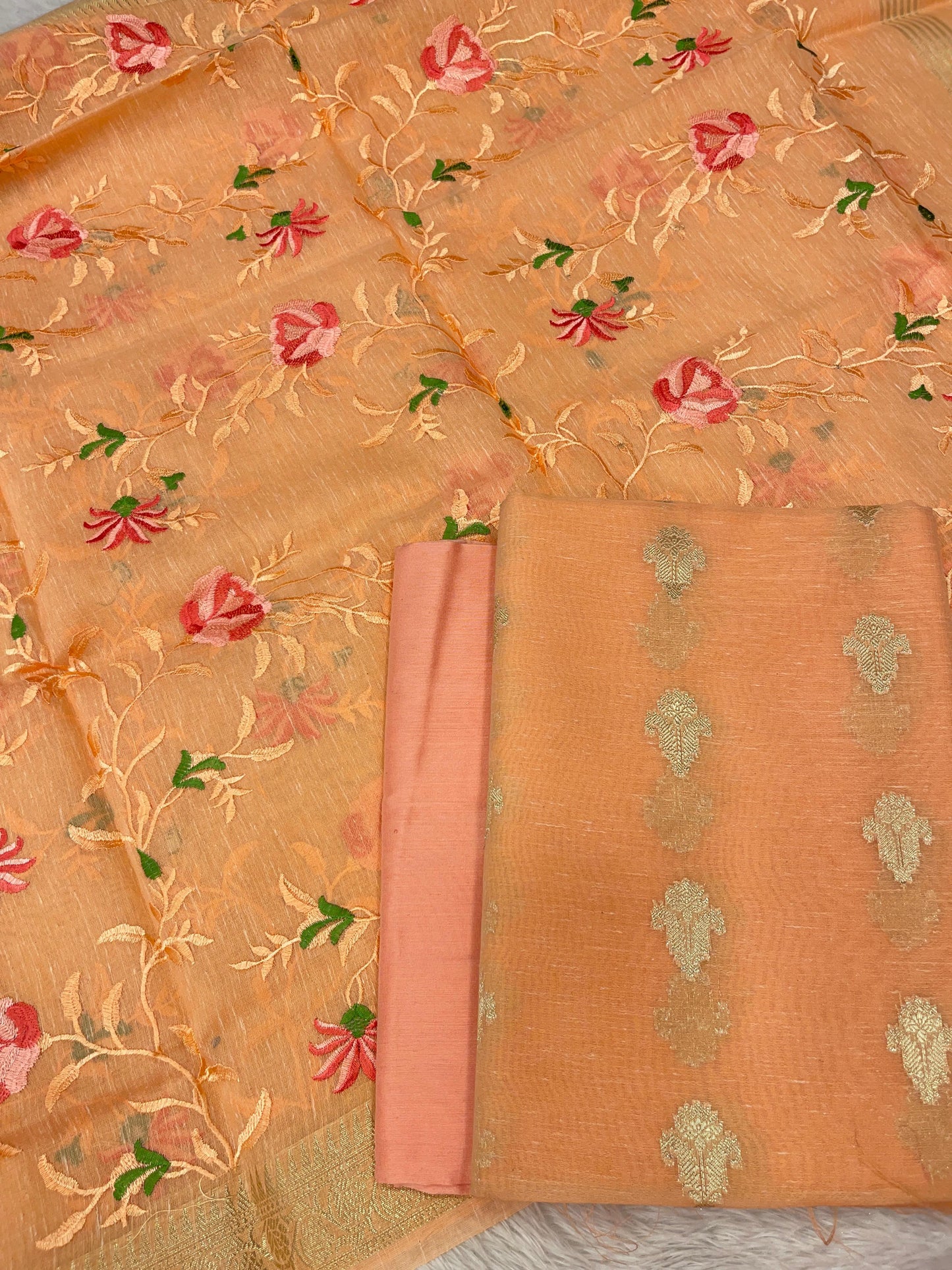 Orange Linen Silk Floral Zari Booti with Embroidery Jaal Dupatta Banarasi Suit 11SKL_LNE2