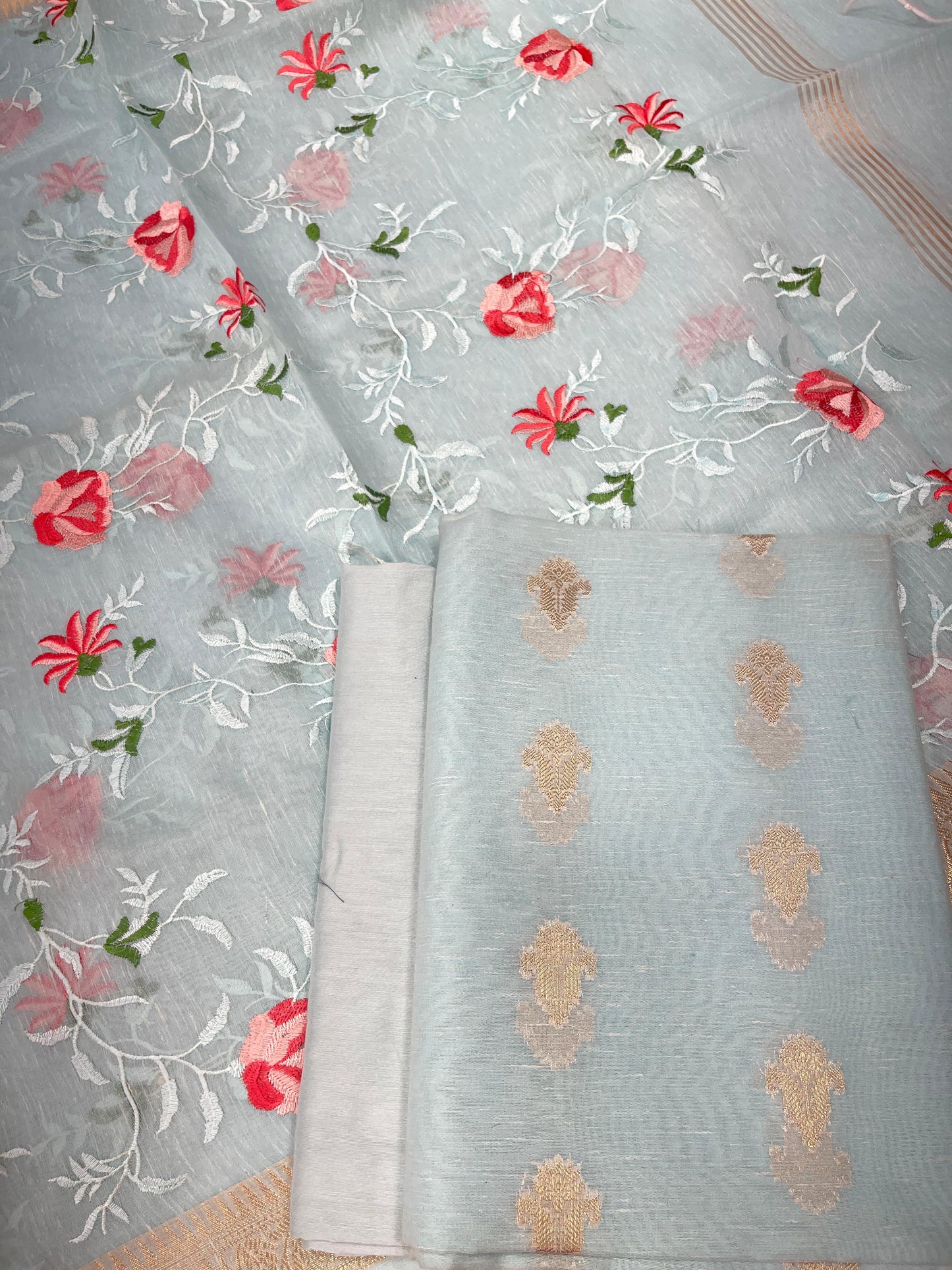 Pista Green Linen Silk Floral Zari Booti with Embroidery Jaal Dupatta Banarasi Suit 11SKL_LNE3