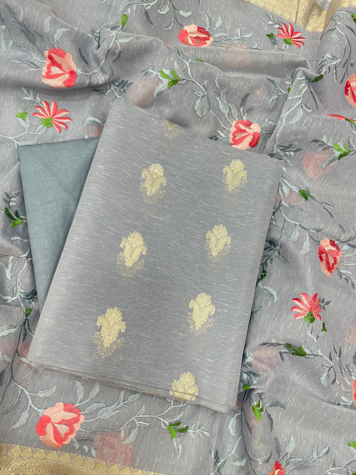 Grey Linen Silk Floral Zari Booti with Embroidery Jaal Dupatta Banarasi Suit 11SKL_LNE5