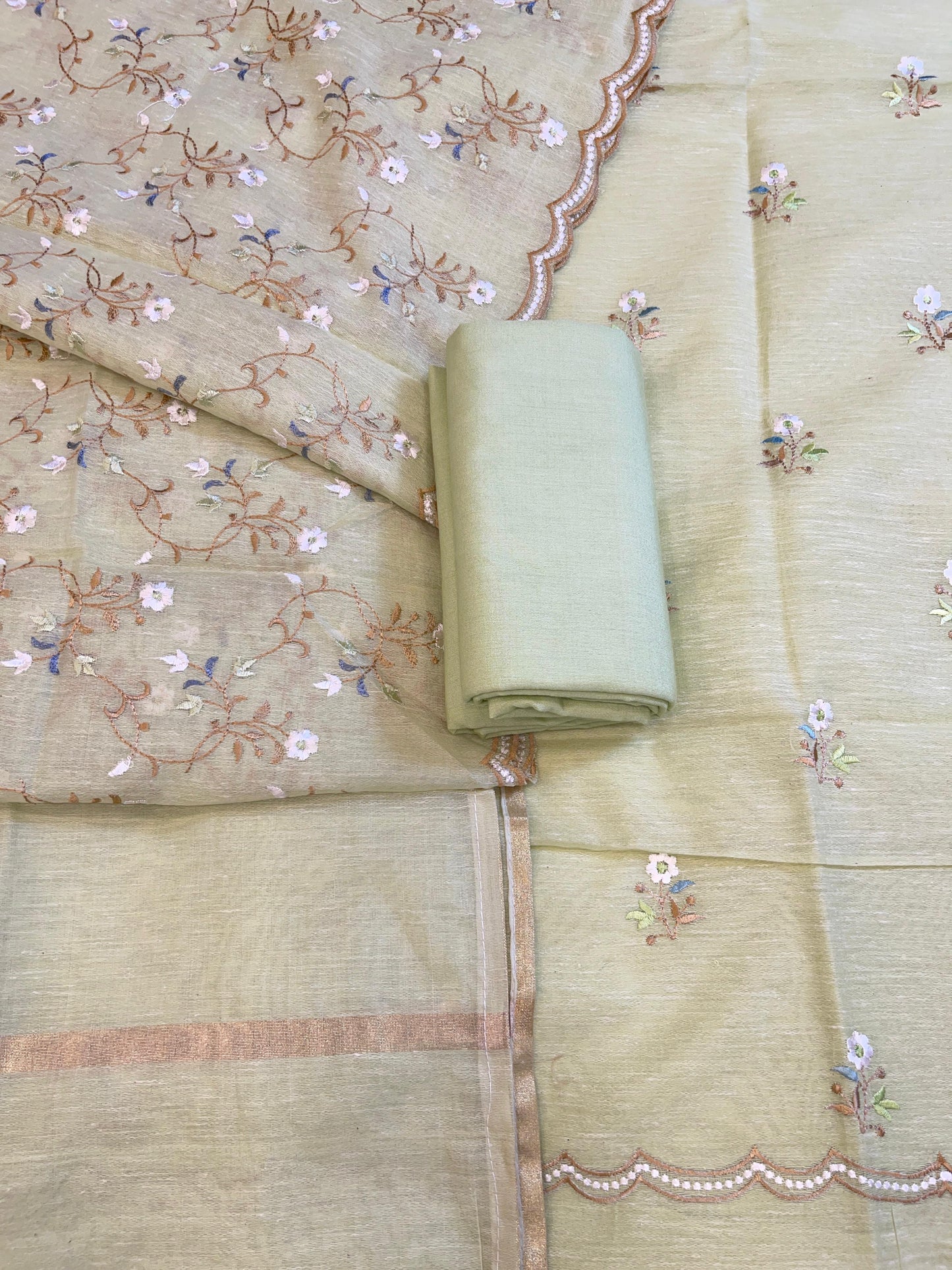 Pista Green Linen Silk Resham Booti Banarasi Suit with Embroidery Dupatta 11SKL_LNEM1