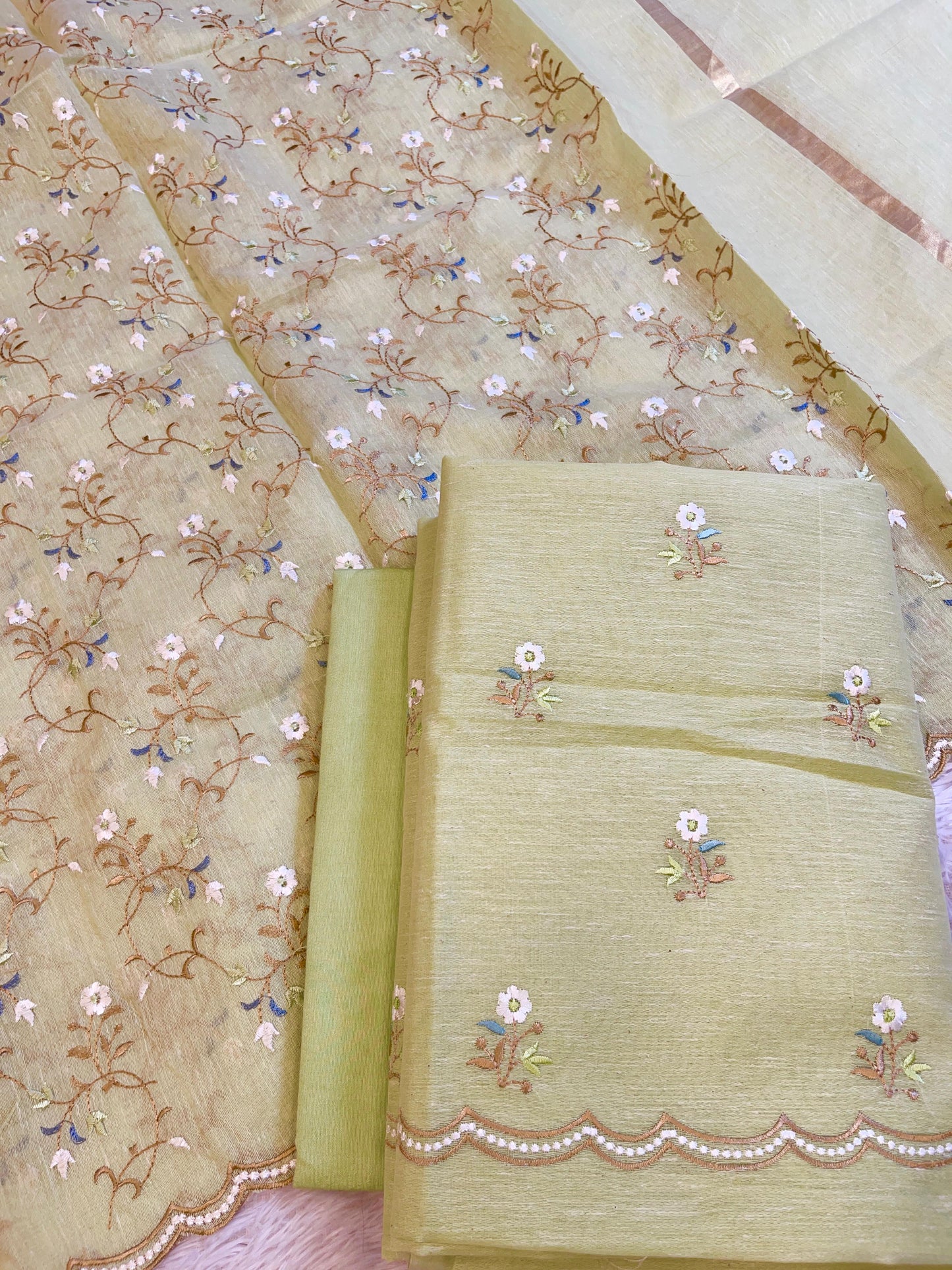 Pista Green Linen Silk Resham Booti Banarasi Suit with Embroidery Dupatta 11SKL_LNEM1