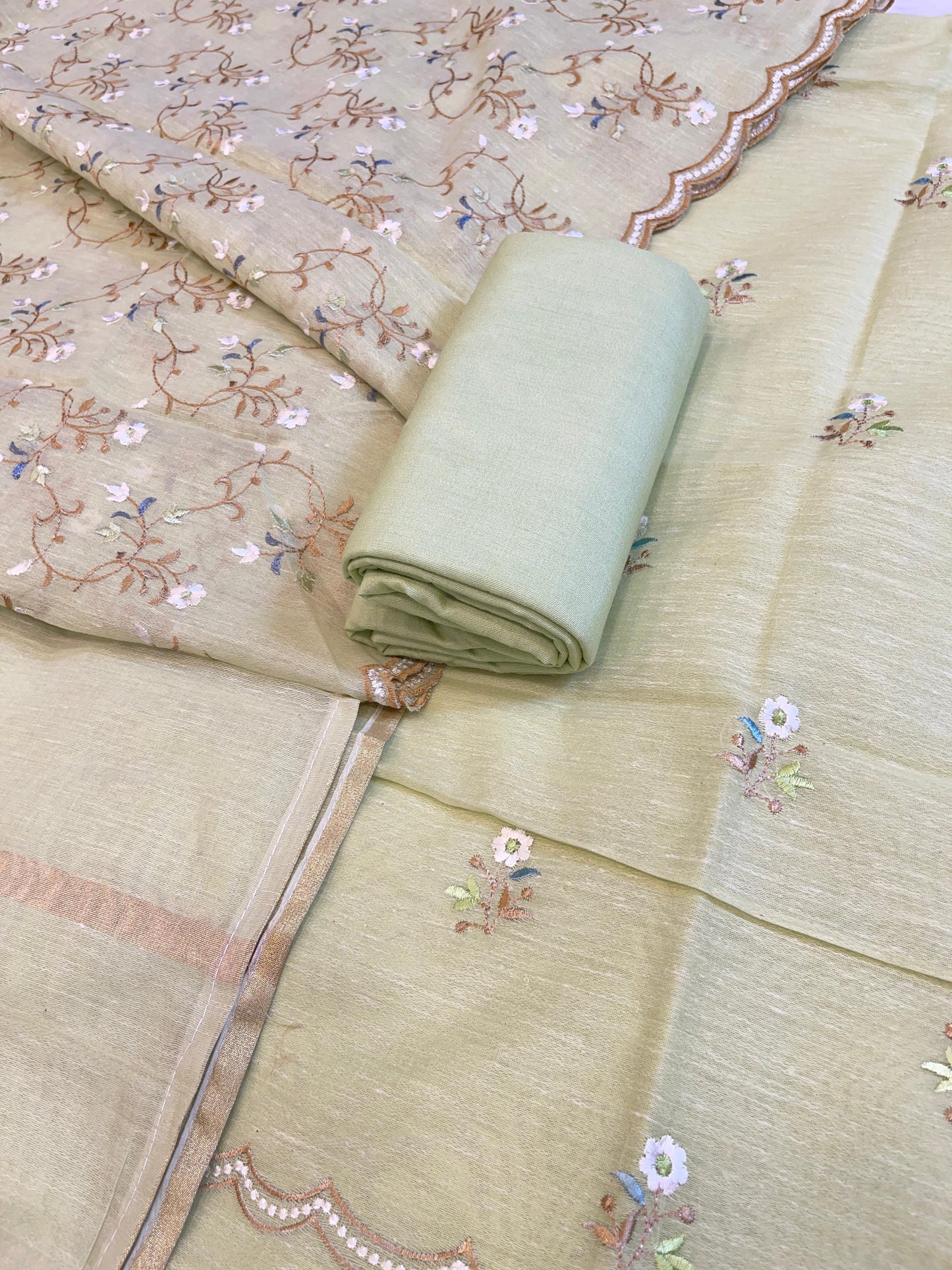 Pista Green Linen Silk Resham Booti Banarasi Suit with Embroidery Dupatta 11SKL_LNEM1