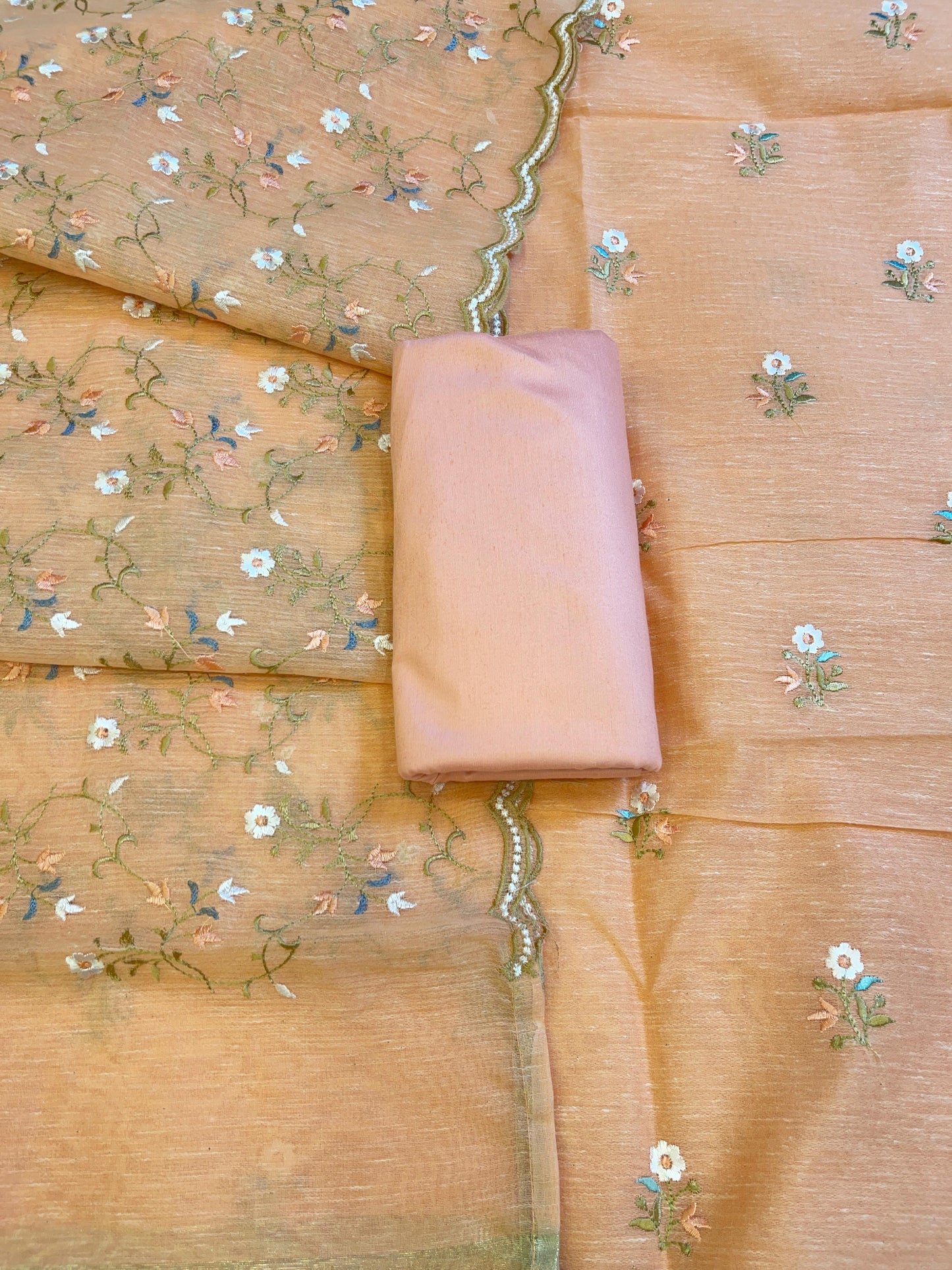 Peach Linen Silk Resham Booti Banarasi Suit with Embroidery Dupatta 11SKL_LNEM3