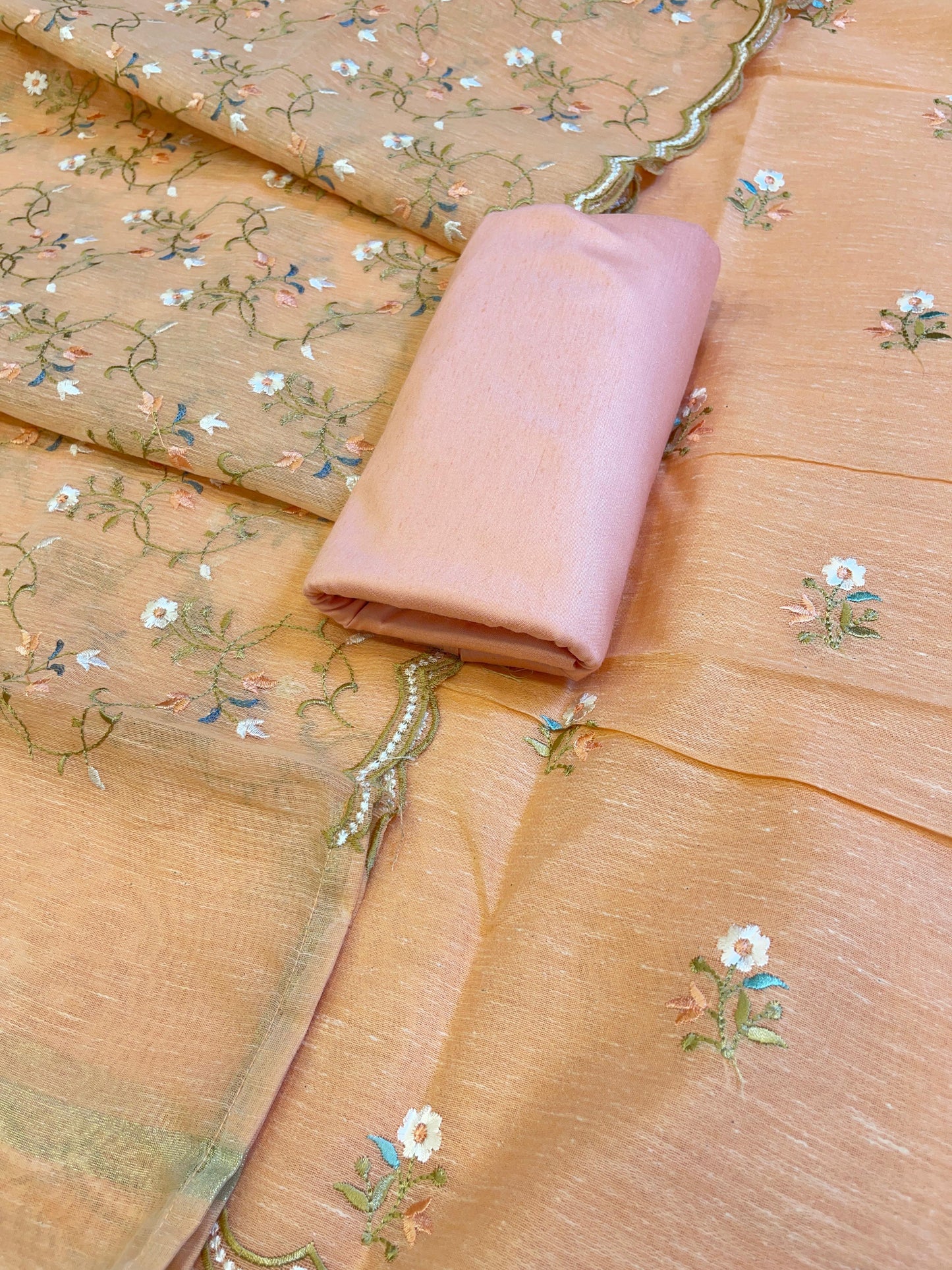 Peach Linen Silk Resham Booti Banarasi Suit with Embroidery Dupatta 11SKL_LNEM3