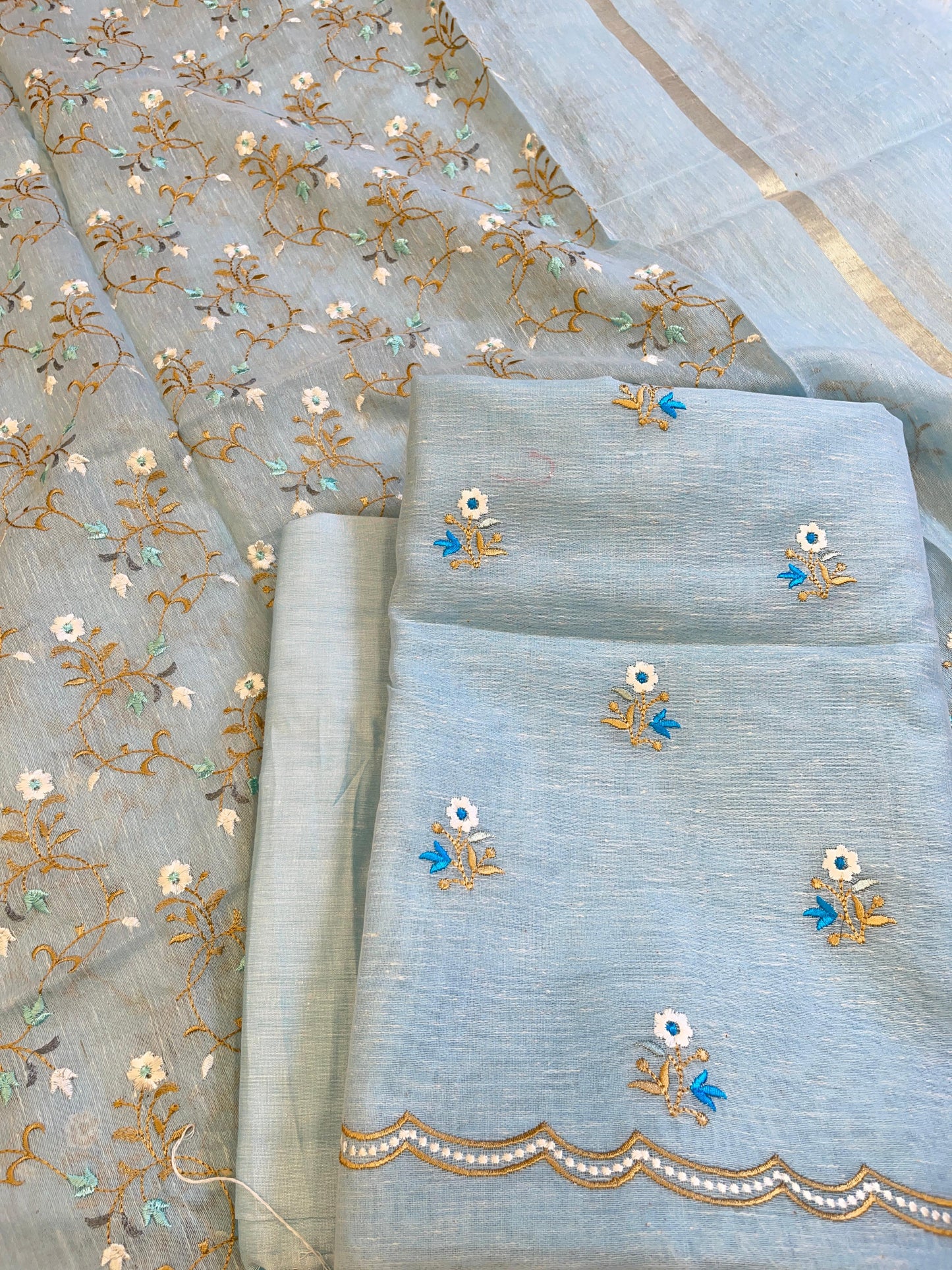 Seagreen Linen Silk Resham Booti Banarasi Suit with Embroidery Dupatta 11SKL_LNEM4