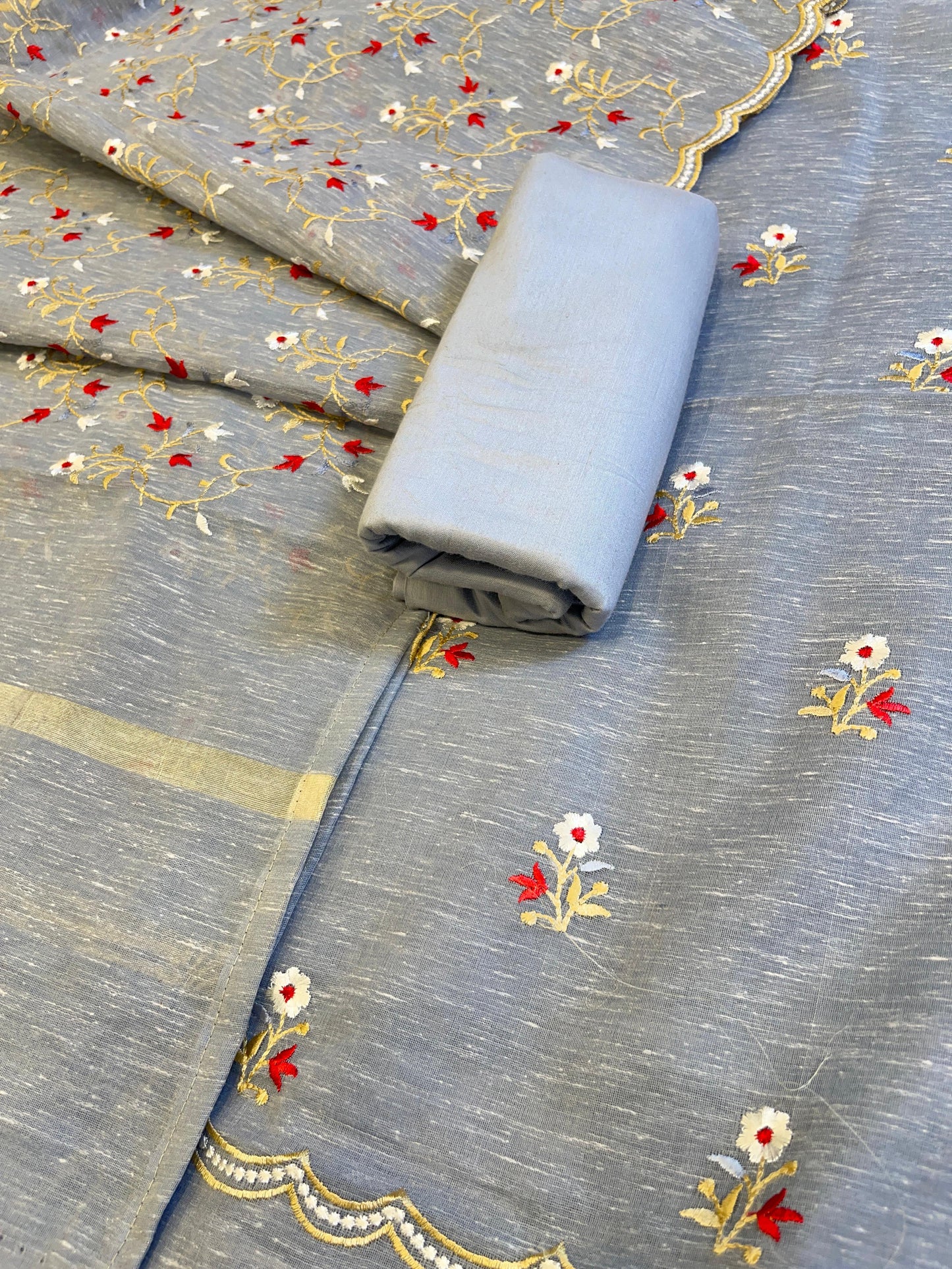 Grey Linen Silk Resham Booti Banarasi Suit with Embroidery Dupatta 11SKL_LNEM5
