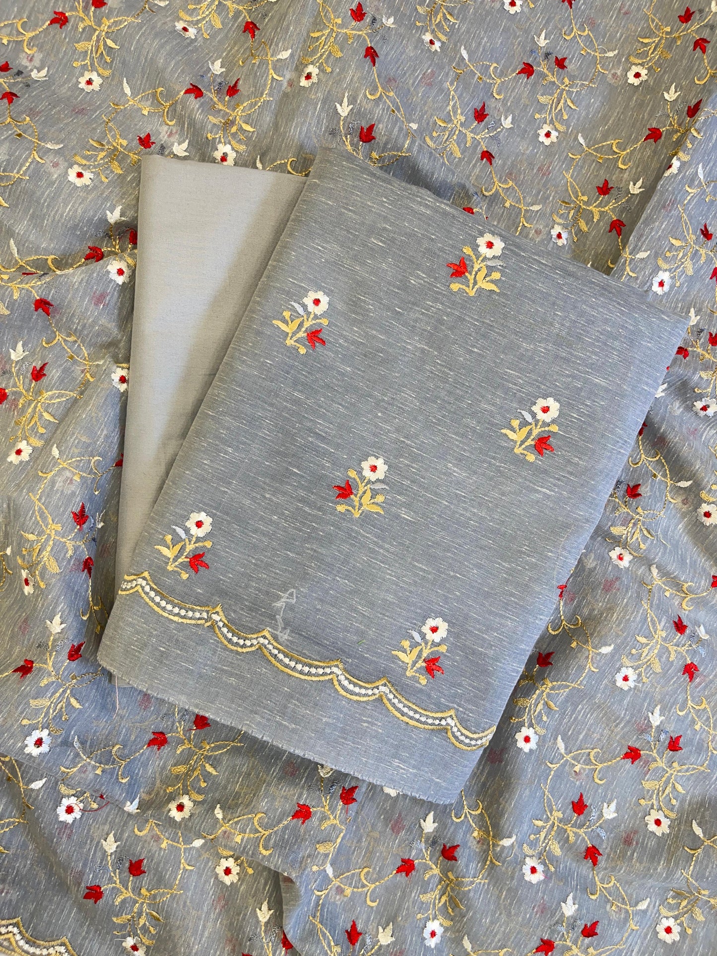 Grey Linen Silk Resham Booti Banarasi Suit with Embroidery Dupatta 11SKL_LNEM5