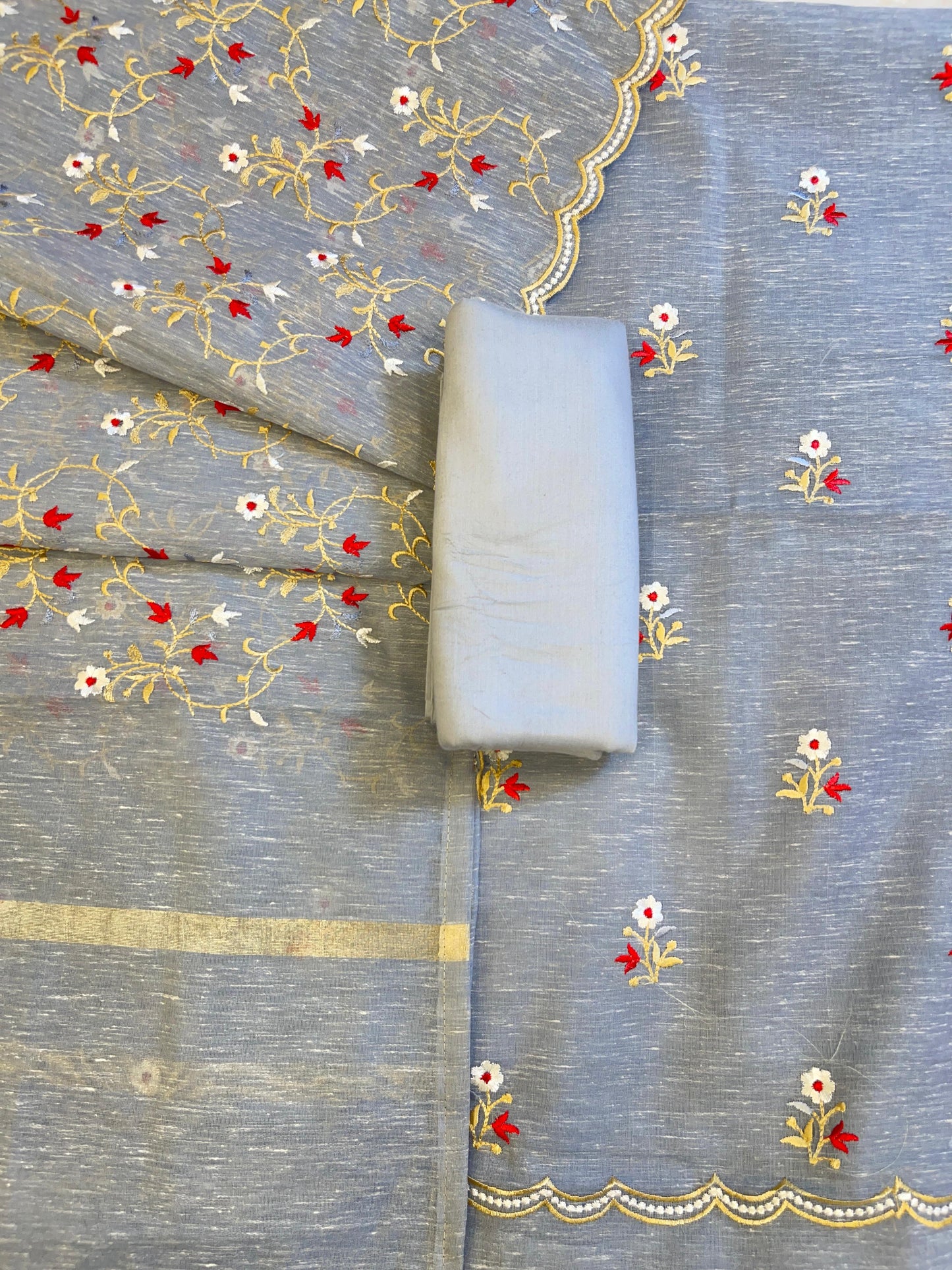 Grey Linen Silk Resham Booti Banarasi Suit with Embroidery Dupatta 11SKL_LNEM5
