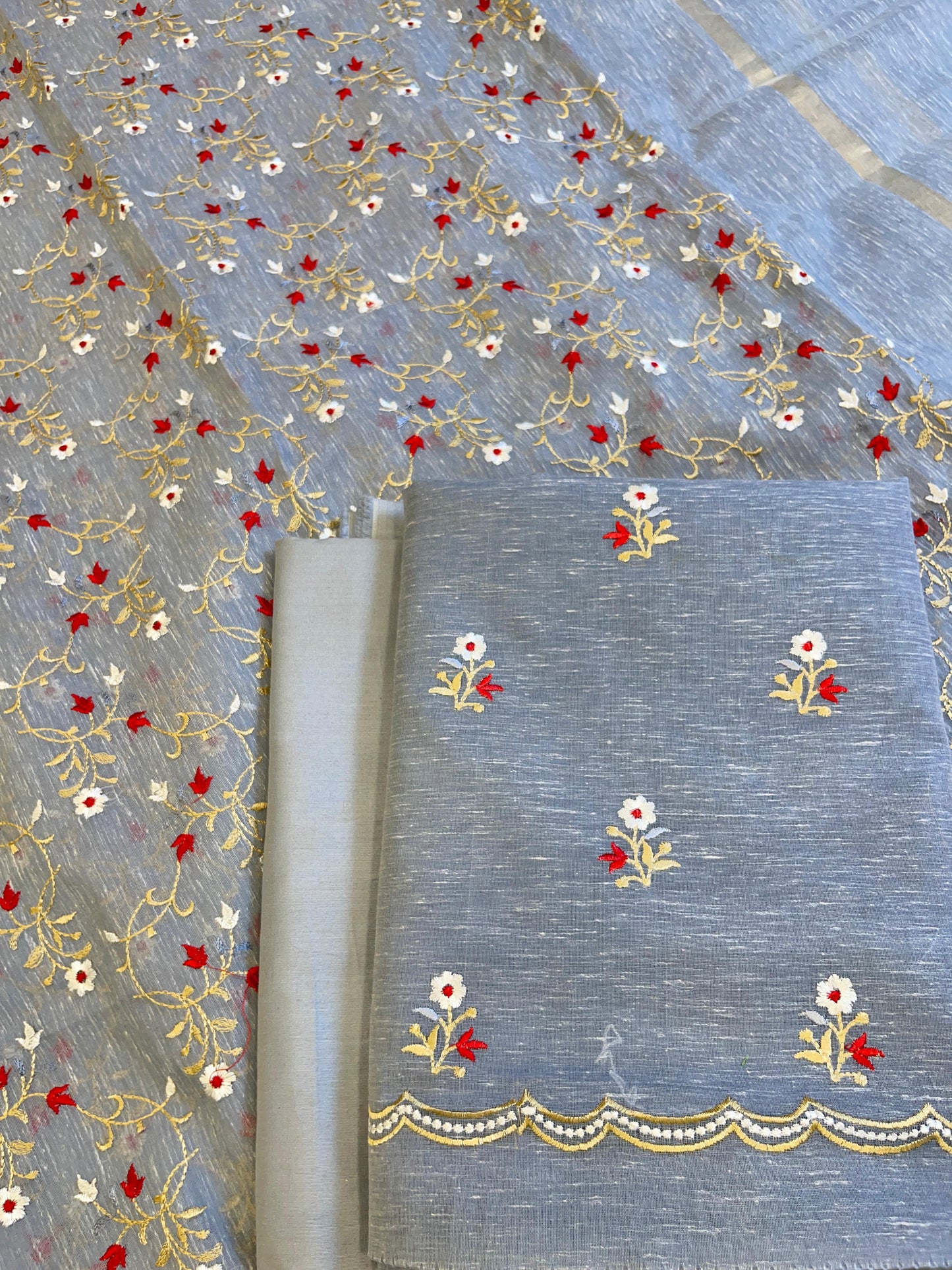 Grey Linen Silk Resham Booti Banarasi Suit with Embroidery Dupatta 11SKL_LNEM5
