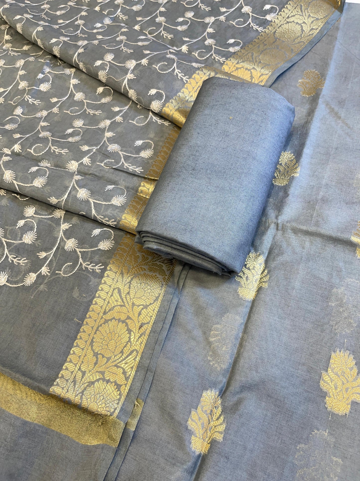 Grey Mercerise Silk Floral Zari Booti with Embroidery Dupatta Banarasi Suit 11SKL_MSRS10