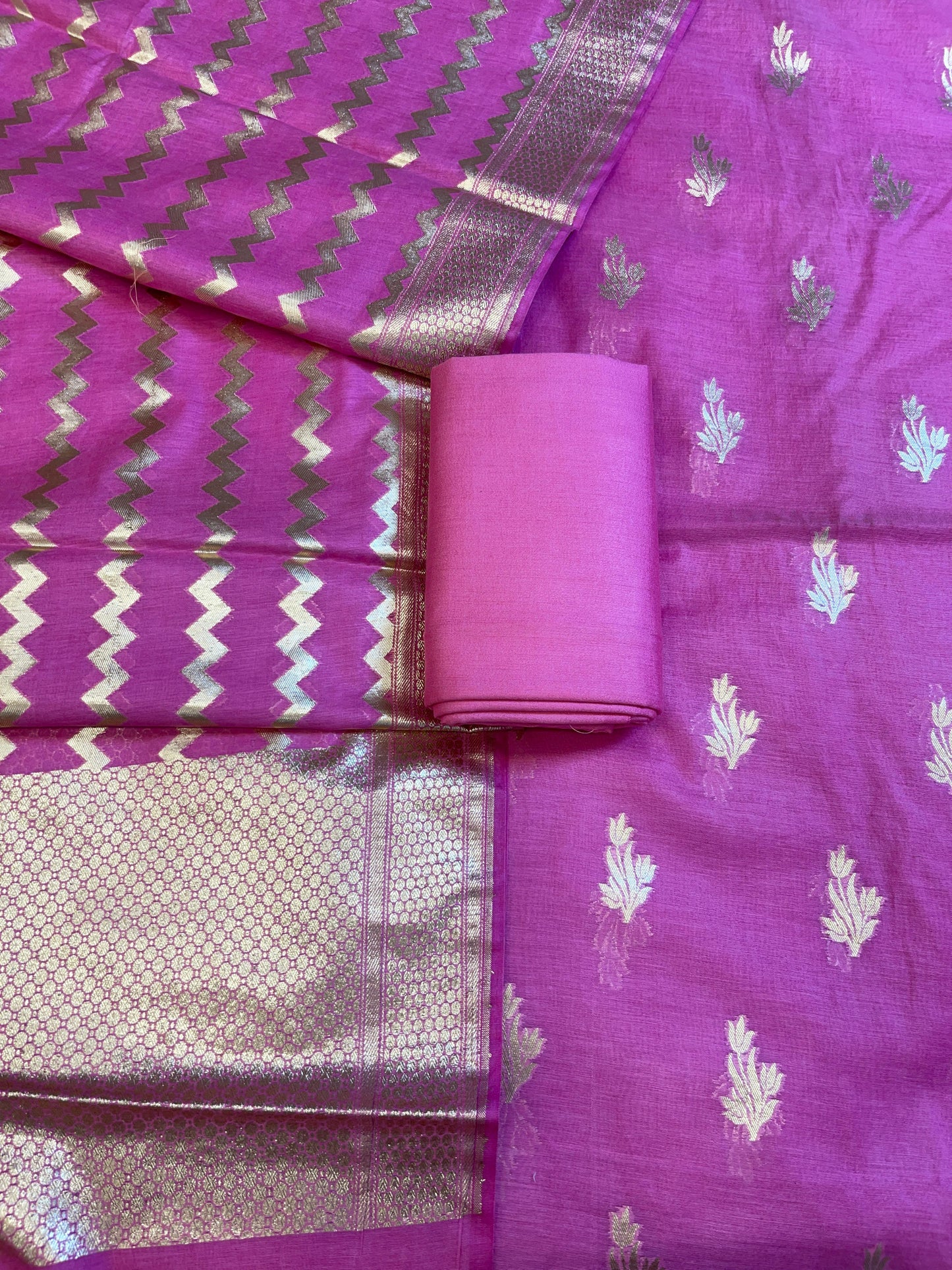 Magenta Mercerise Silk Floral Zari Booti with Zig-Zag Dupatta Banarasi Suit 11SKL_MSRS1