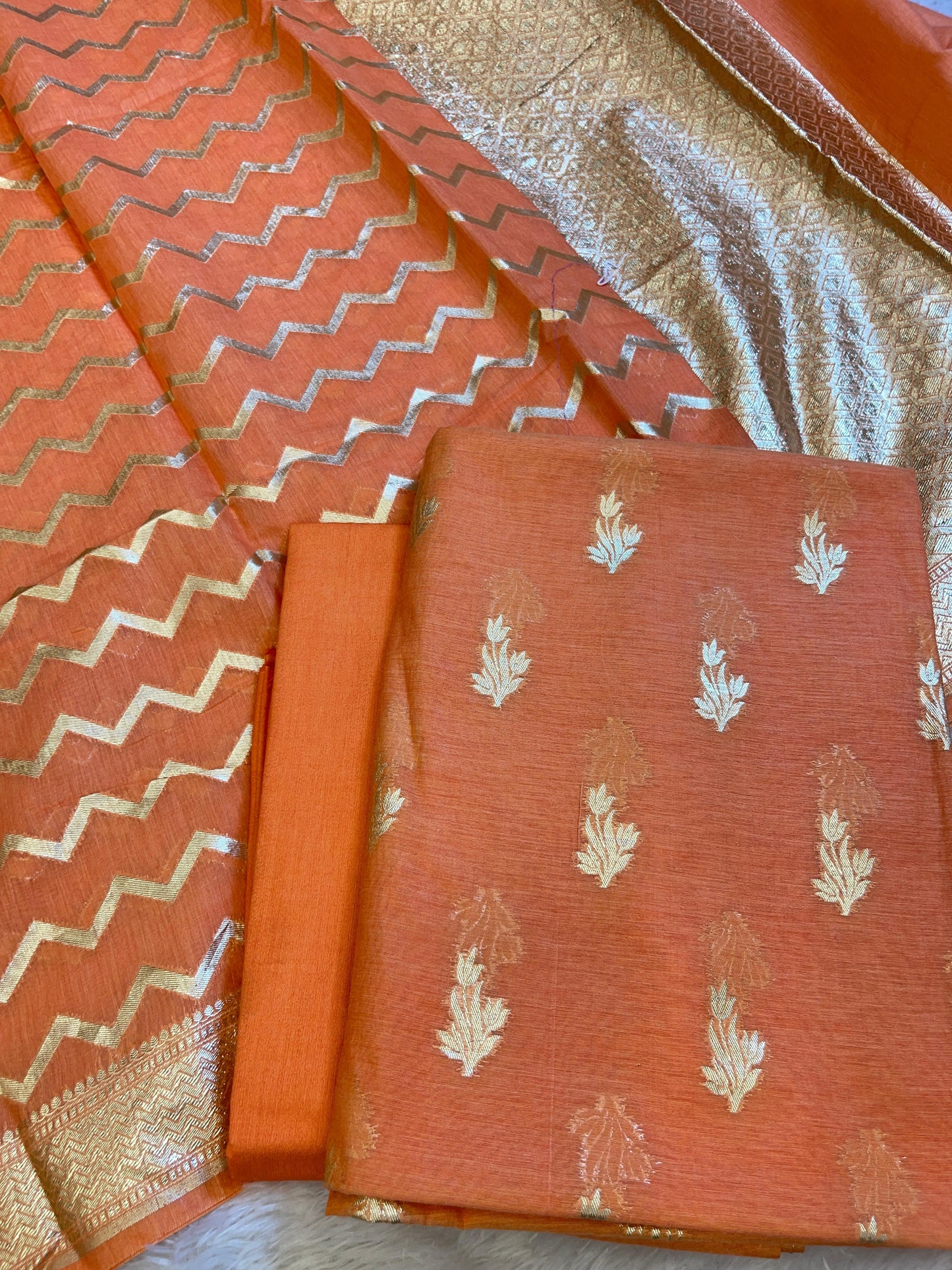 Peach Mercerise Silk Floral Zari Booti with Zig-Zag Dupatta Banarasi Suit 11SKL_MSRS2