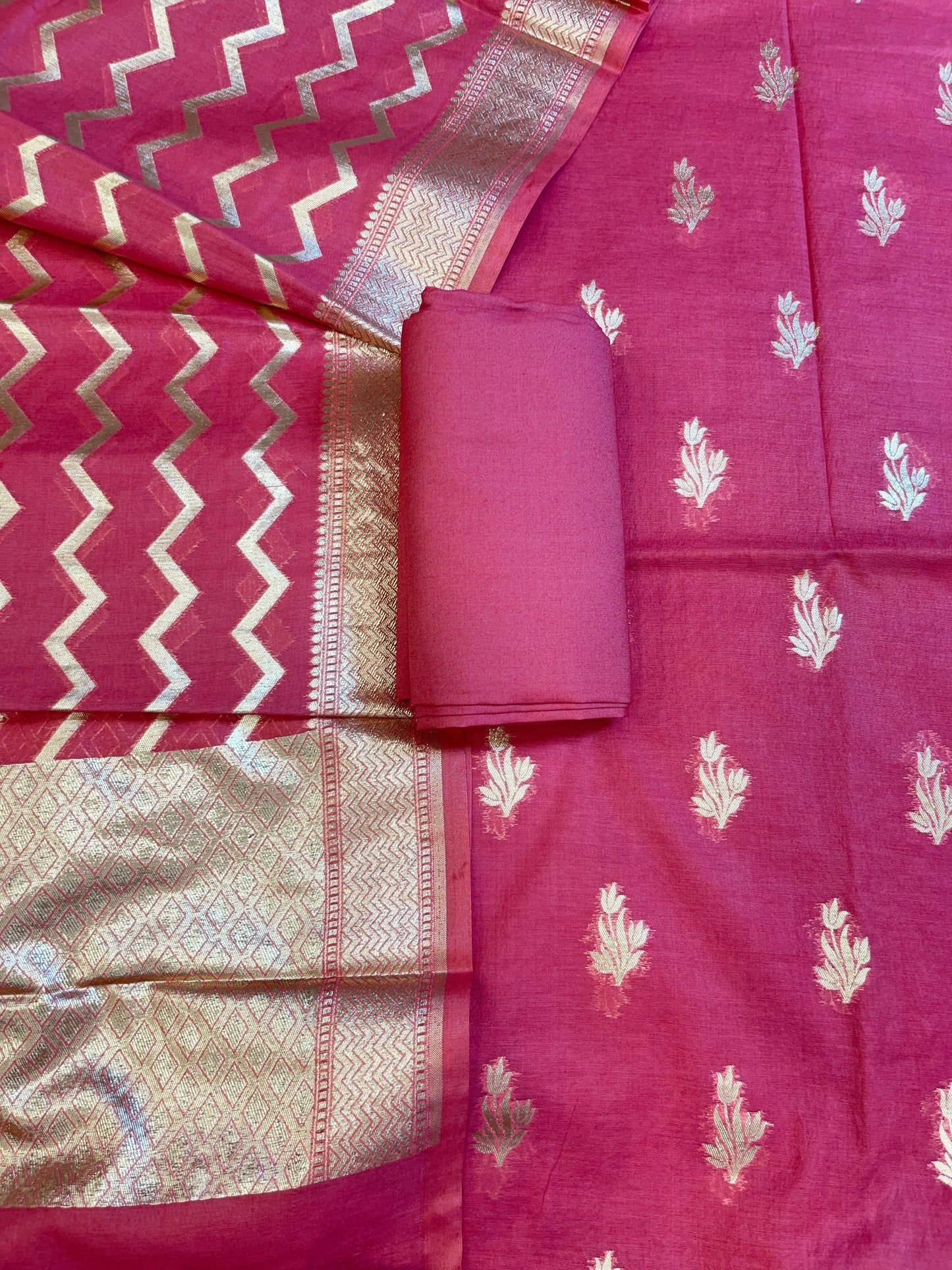 Dark Pink Mercerise Silk Floral Zari Booti with Zig-Zag Dupatta Banarasi Suit 11SKL_MSRS3