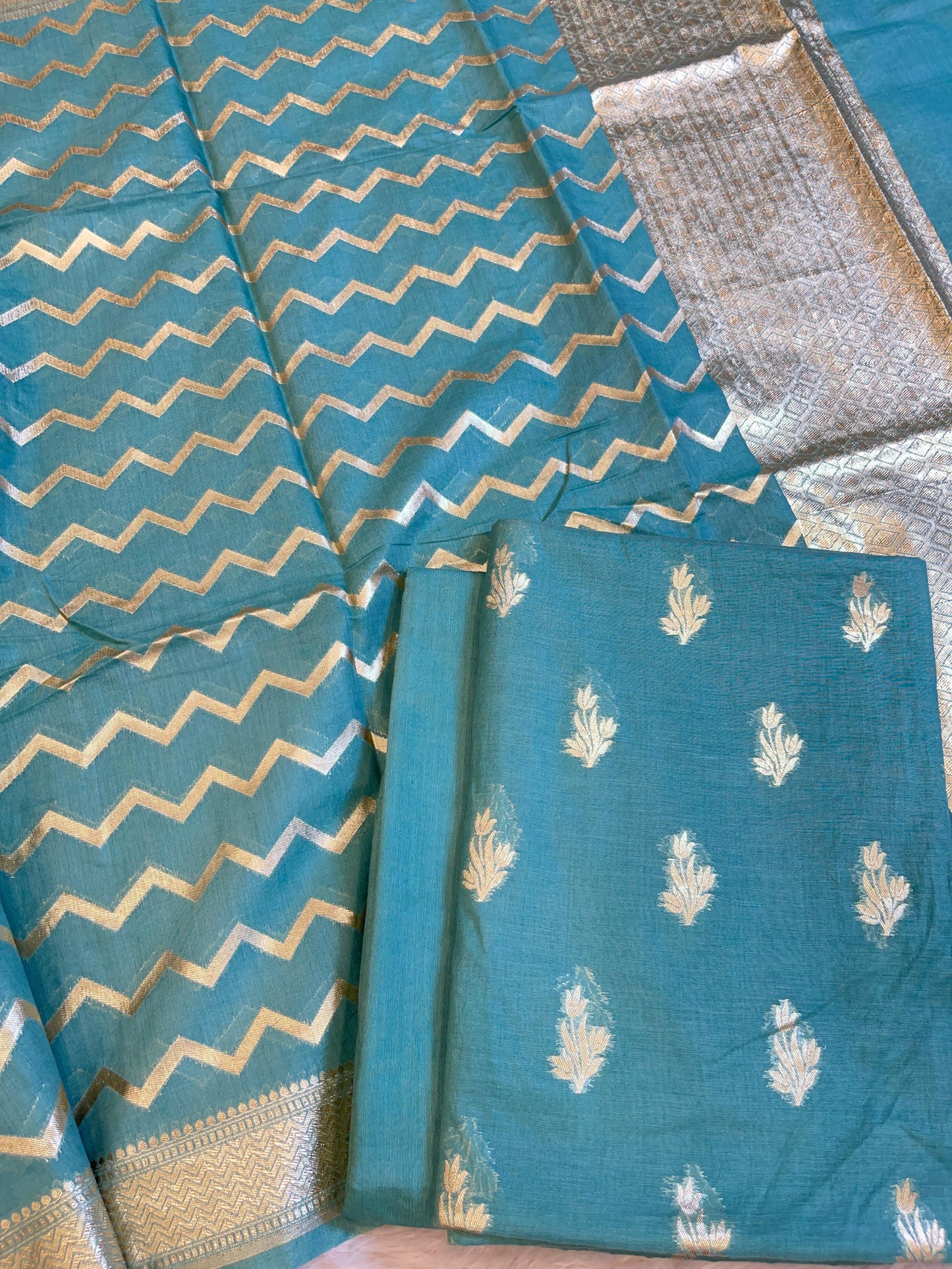 Seagreen Mercerise Silk Floral Zari Booti with Zig-Zag Dupatta Banarasi Suit 11SKL_MSRS4