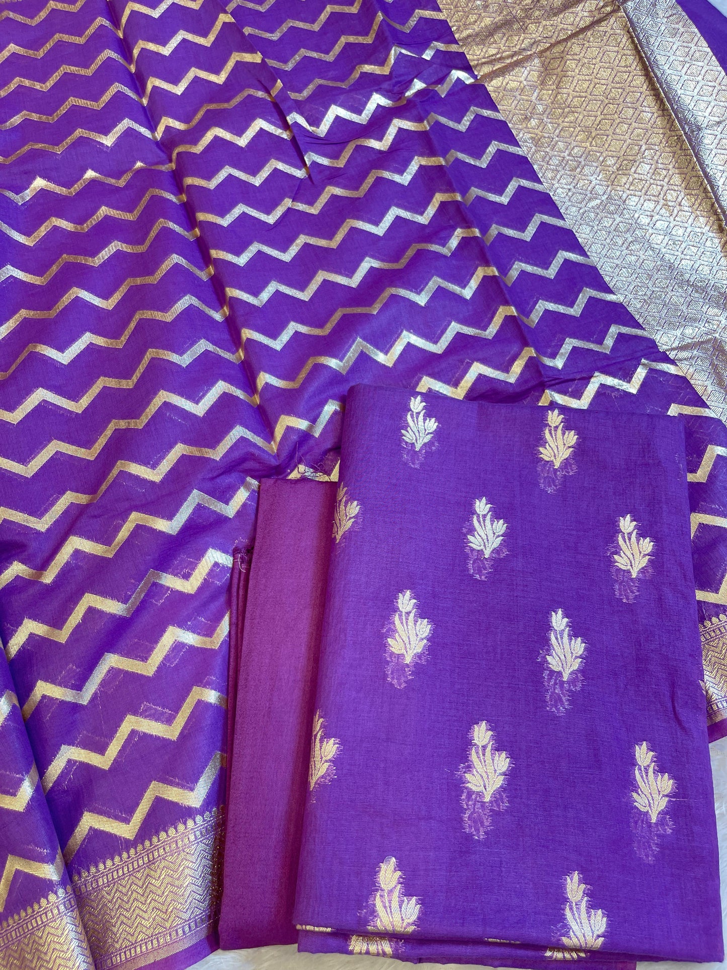 Purple Mercerise Silk Floral Zari Booti with Zig-Zag Dupatta Banarasi Suit 11SKL_MSRS5