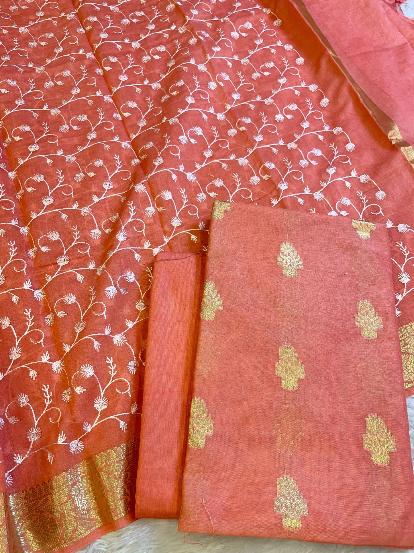 Peach Mercerise Silk Floral Zari Booti with Embroidery Dupatta Banarasi Suit 11SKL_MSRS8