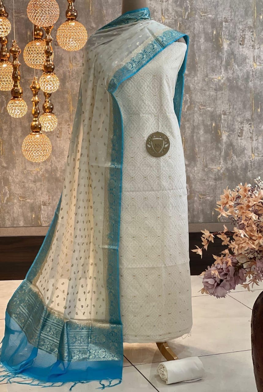 Off white resham weave Banarasi Suit & Lorex Contrast Border Sky Blue Dupatta 1200SKL_BM3