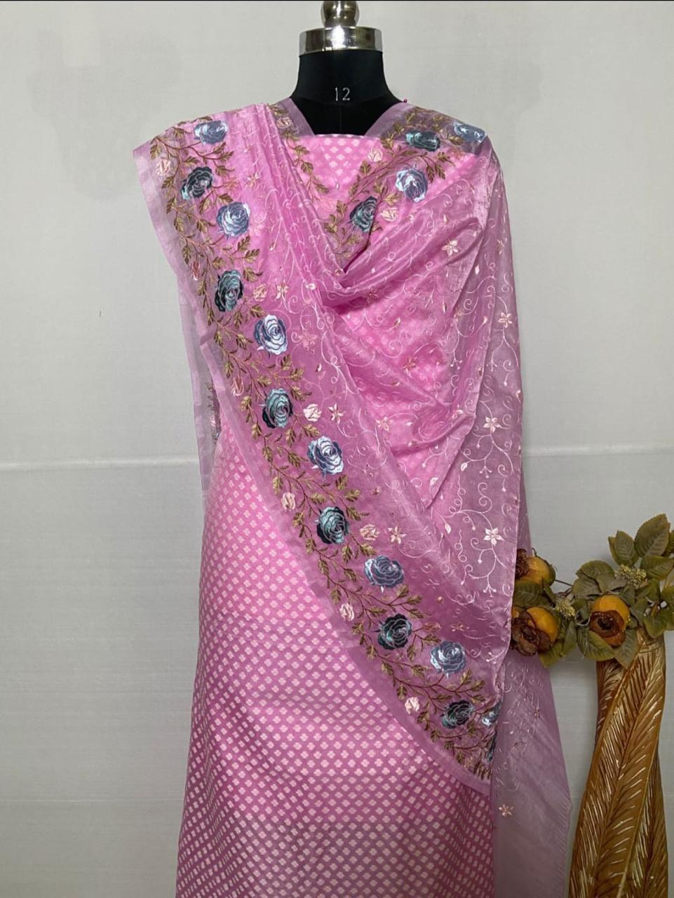 Pink Banarasi Cotton Embroidered Suit with Heavy Organza Floral Embroidery Dupatta 1200SKL_CSE1