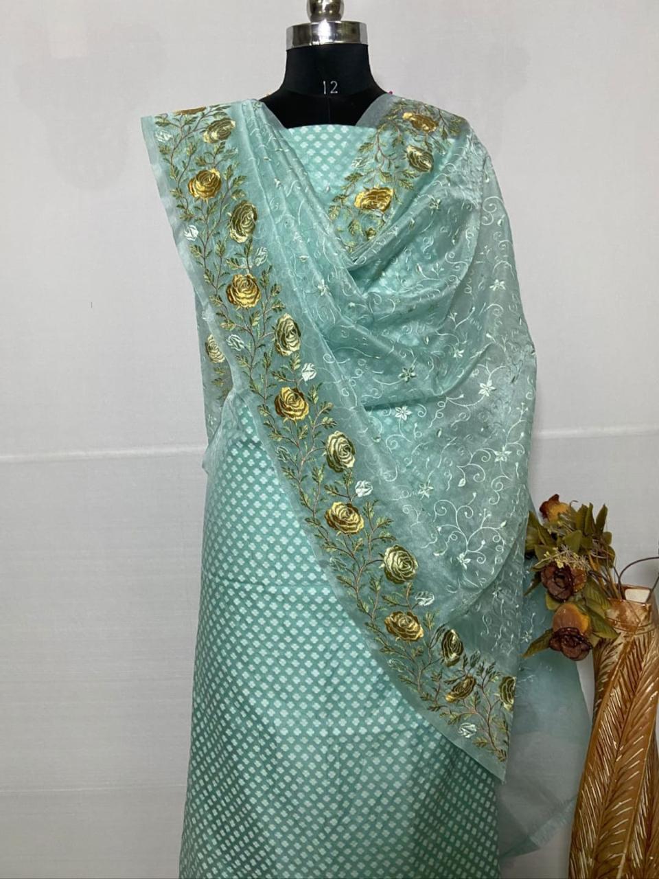 Seagreen Banarasi Cotton Embroidered Suit with Heavy Organza Floral Embroidery Dupatta 1200SKL_CSE2