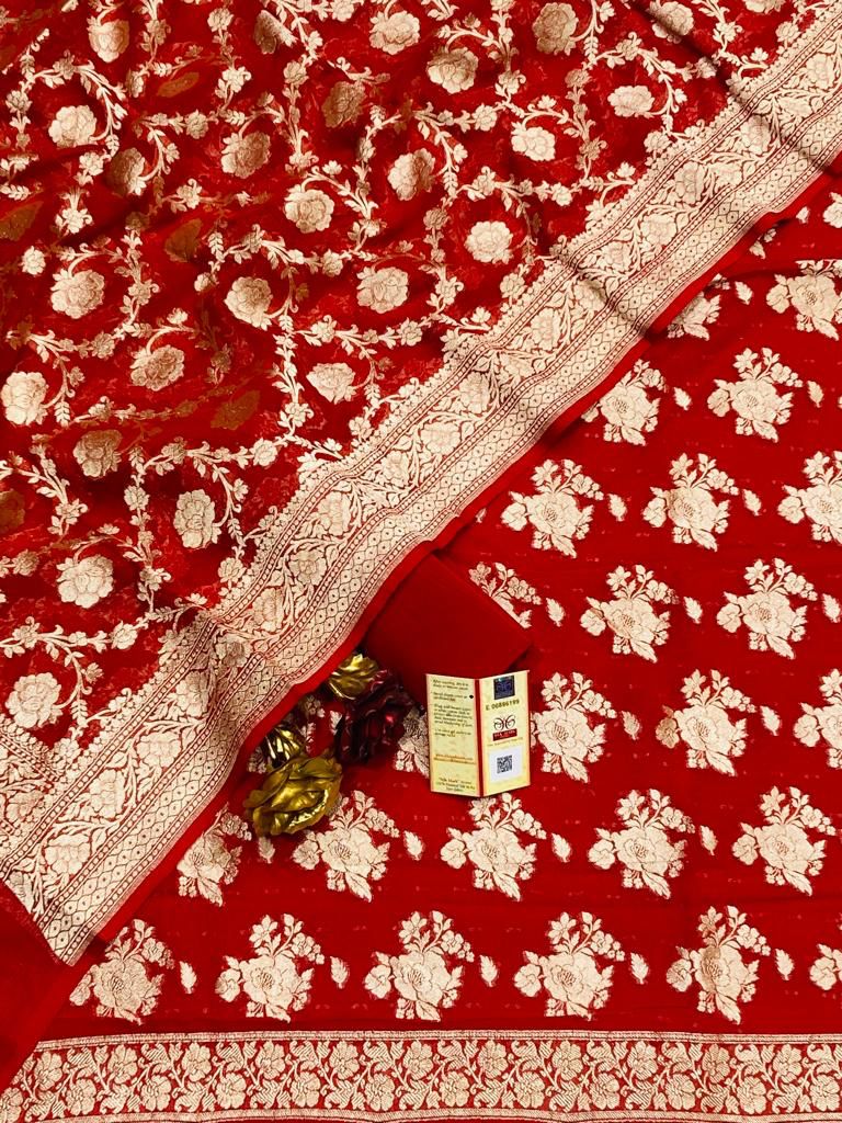 Red Georgette Silk Floral Banarasi Suit Set 1200SKL_GS4