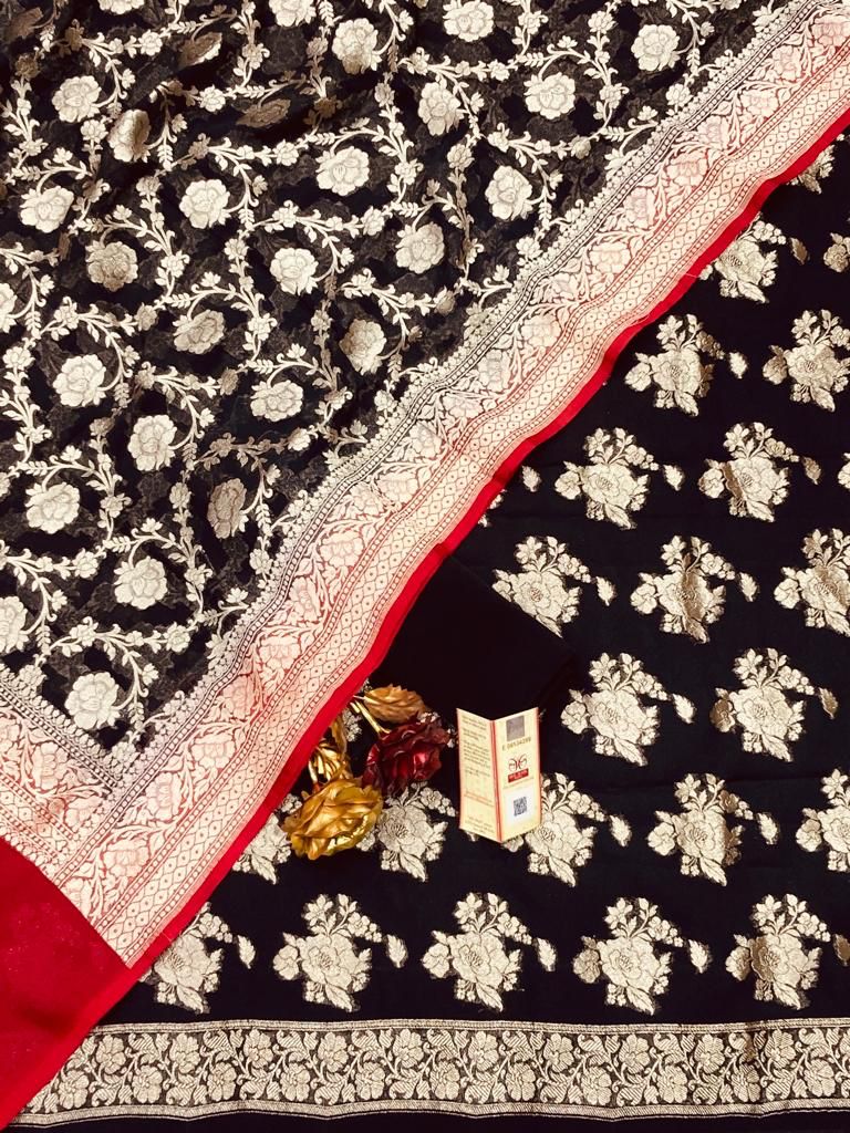 Black Georgette Silk Floral Banarasi Suit Set 1200SKL_GS8