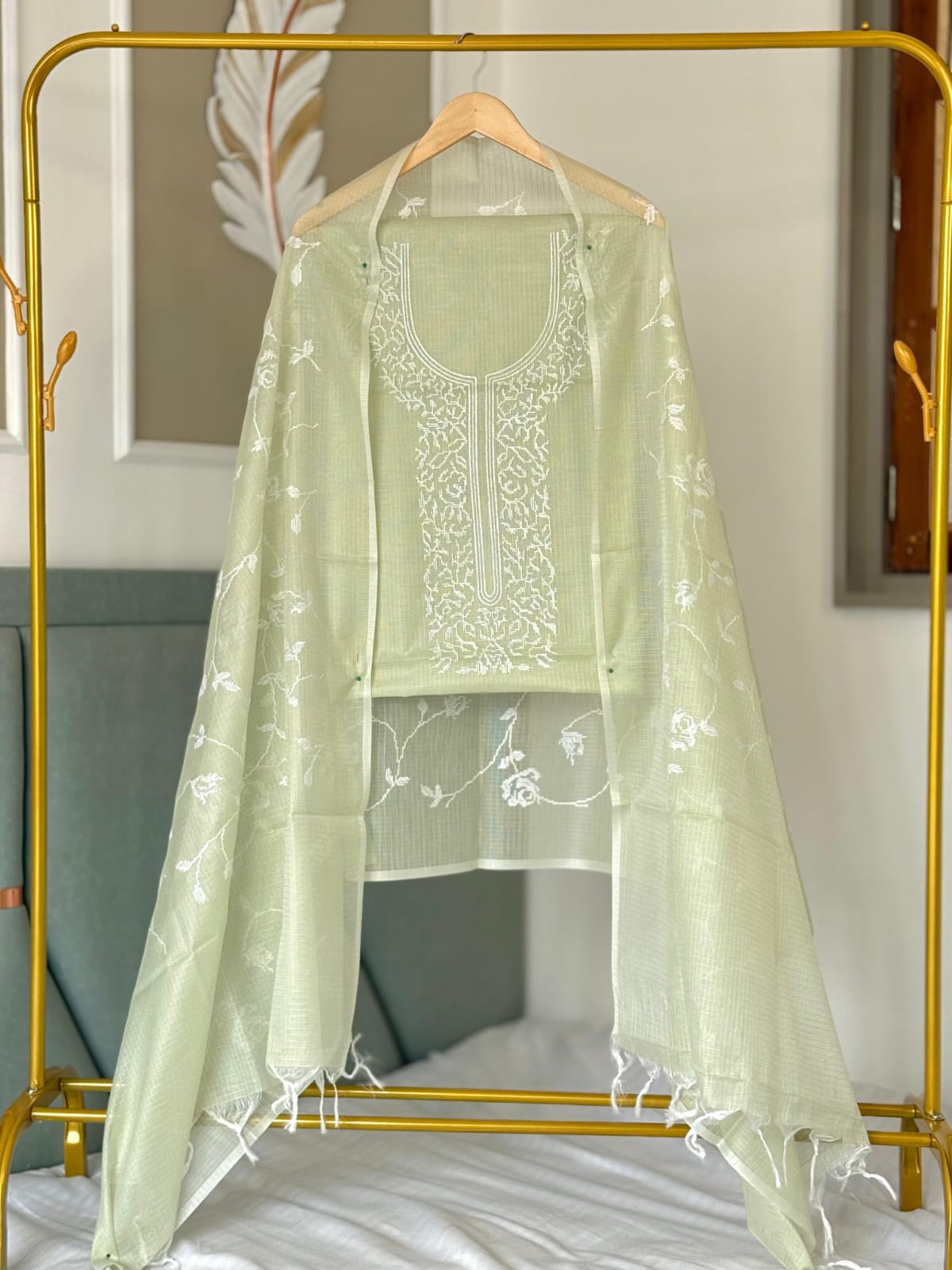 Pista Green Kota check Necklace Banarasi Suit with White Thread Embroidery 1200SKL_KNE2