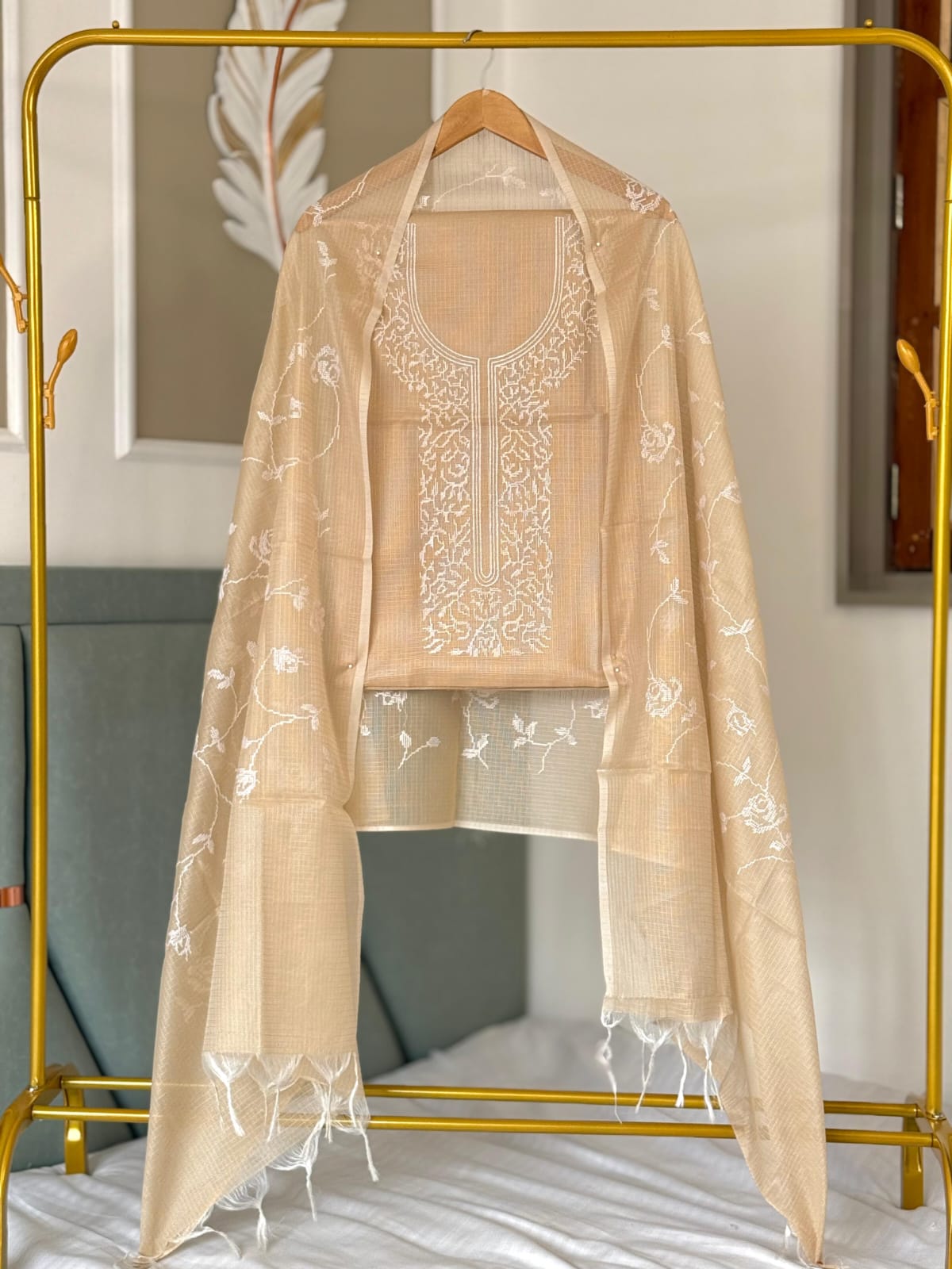 Cream Kota check Necklace Banarasi Suit with White Thread Embroidery 1200SKL_KNE3