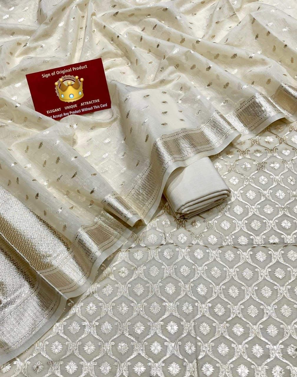 Beige Mescrize Cotton Floral Jaal Banarasi 3 Pcs Suit Set 1200SKL_MS7