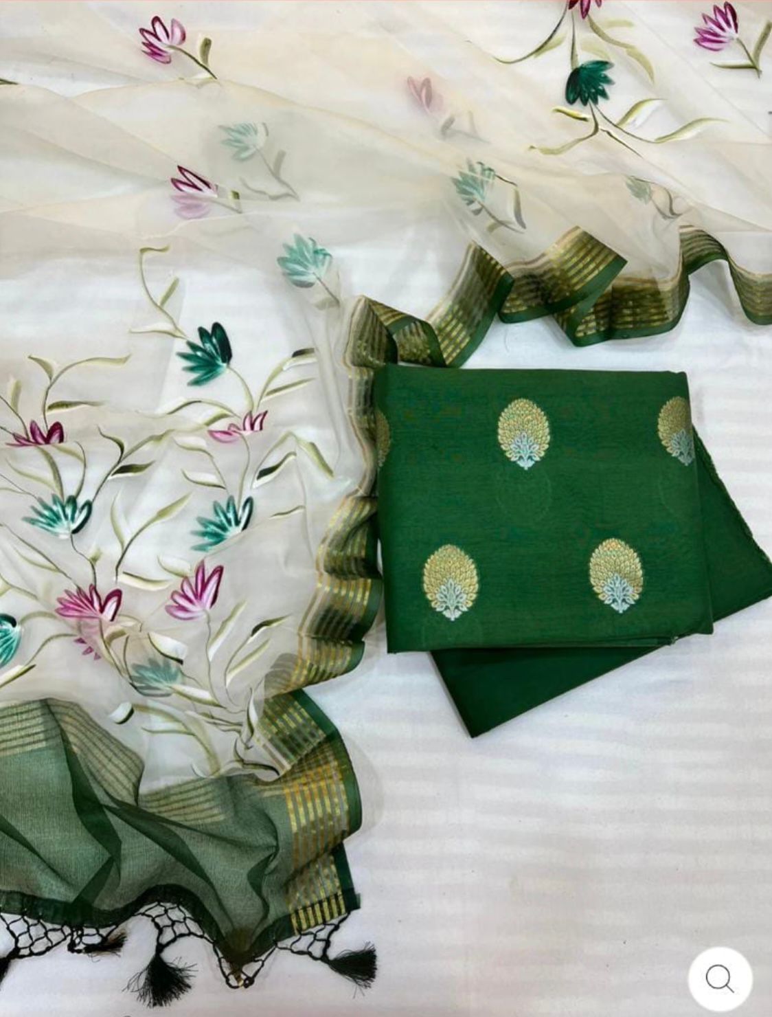 Pure Mercerised Lurex Weave Banarasi Suit with Handbrush Floral Organza Silk Dupatta – Emerald Green Elegance 1200SKL_OS1